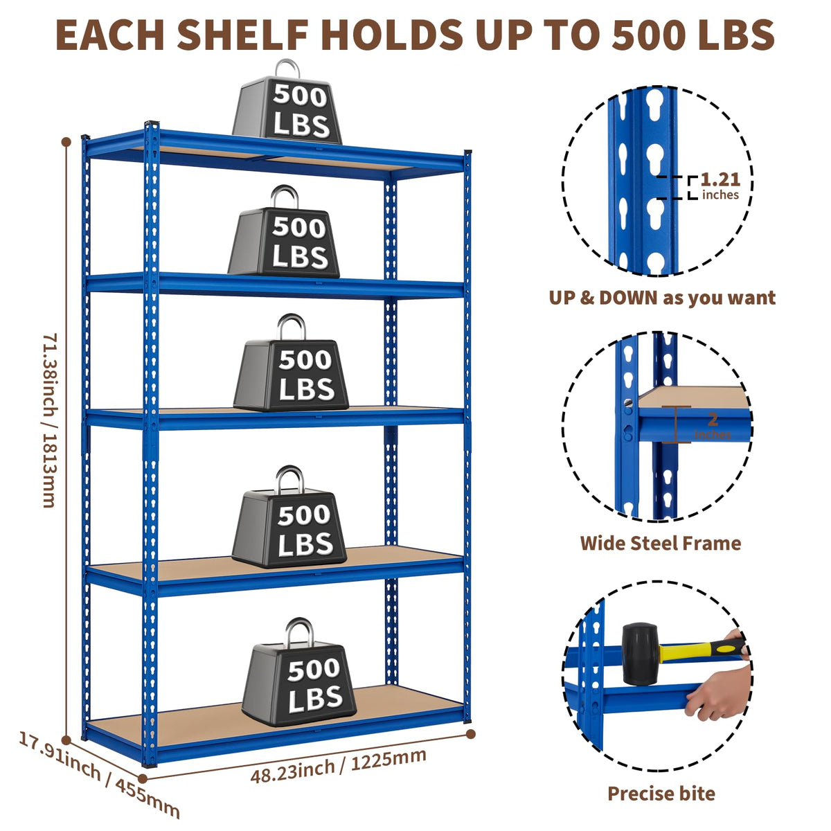 Garvee 5 Tier Garage Shelving Unit, 2500 LB Capacity, 48x18 in Heavy Duty Adjustable Steel Storage Shelves, Freestanding Storage Racks for Basement Warehouse Shop