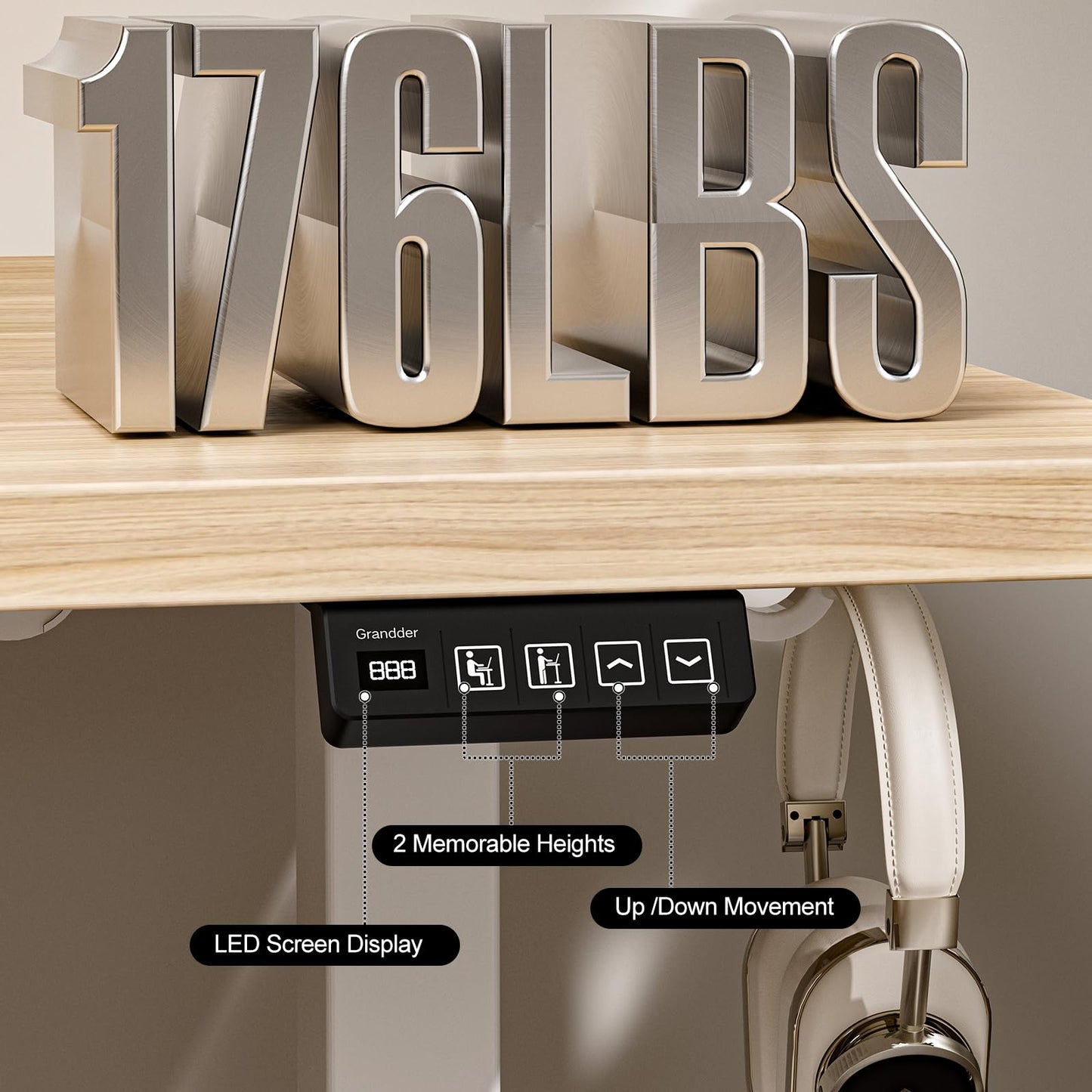 Grandder 55x32 Large Electric Standing Desk, Height Adjustable Computer Desk with 2 Memory Presets, 31.5" Deep Desktop Sit Stand Desk Home Office Desk Workstation Table with Hooks, Light Walnut