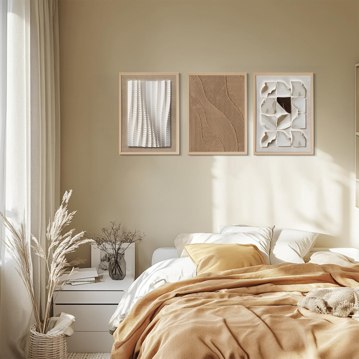 CEXYLVXR 3Pcs Neutral Abstract Wall Art Modern Beige Minimalist Wall Decor Pictures 3D Effect Textured Canvas Prints Abstract Geometry Painting for Living Room Hallway Office 12x16in Unframed Poster