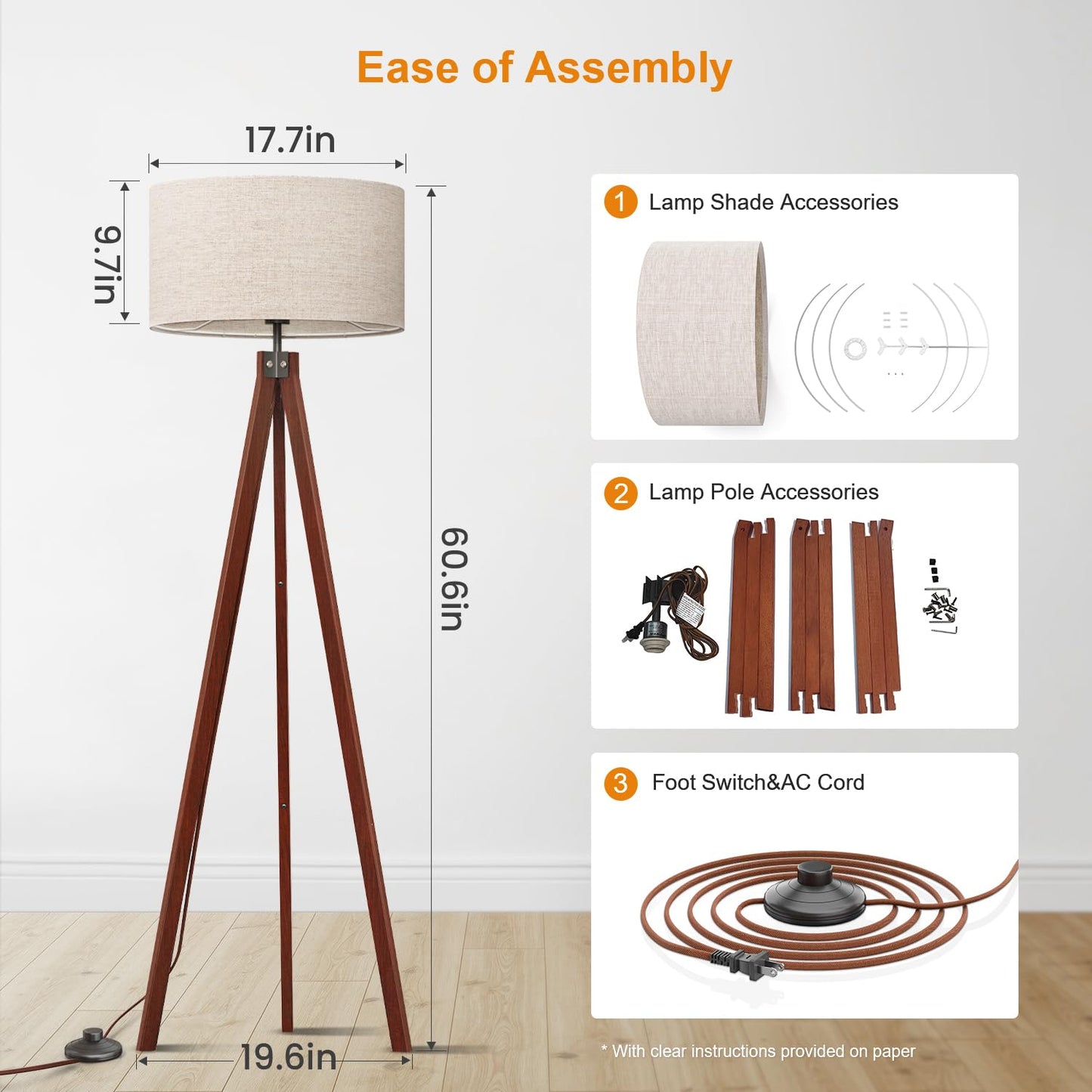 LEPOWER Wood Tripod Floor Lamp, Mid Century Standing Lamp, Modern Design Studying Light for Living Room, Bedroom, Study Room and Office, Flaxen Linen Shade with E26 Base Brown