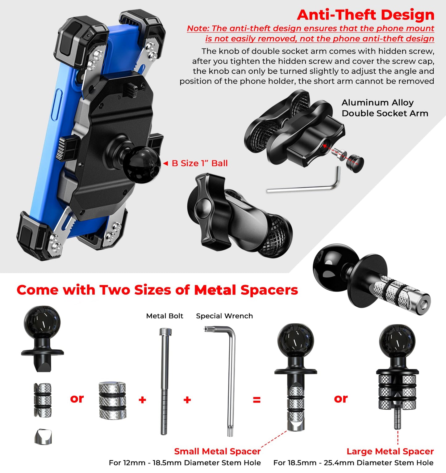 VAZESWIN Motorcycle Fork Stem Phone Mount, 1s Auto Lock & Release, Anti-Theft Motorcycle Phone Holder with Aluminum Alloy 1" Ball Short Arm, for 12-25.4mm Diameter Fork Stems, for 5.4"-7" Cellphones