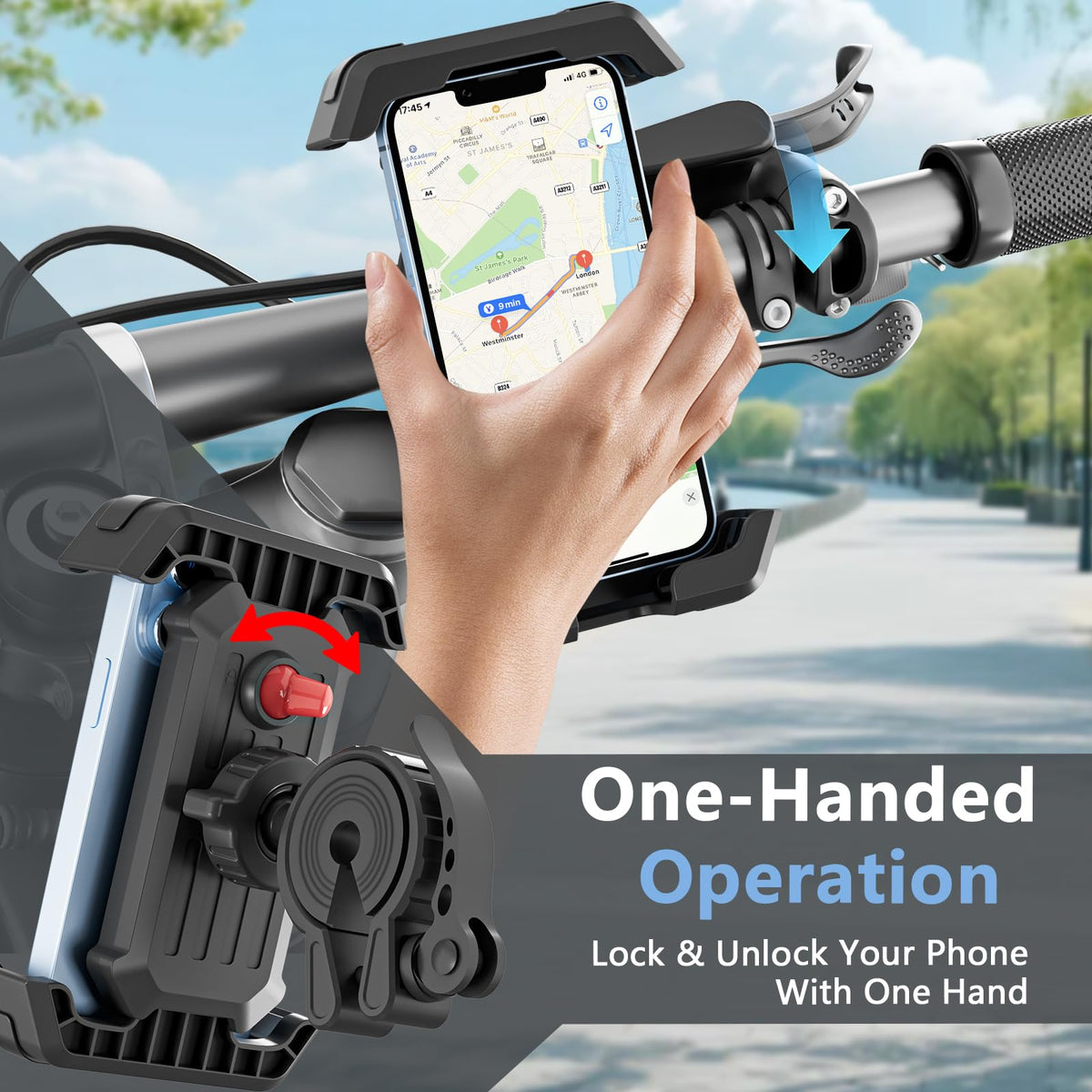 iLiveX Bike Phone Holder, Anti-Shake Motorcycle Phone Mount with Security Lock, Handlebar Cell Phone Clamp for Bicycle Scooter Ebike Stroller for iPhone 16 15 14 Pro Max, 4.7-6.8" Phones