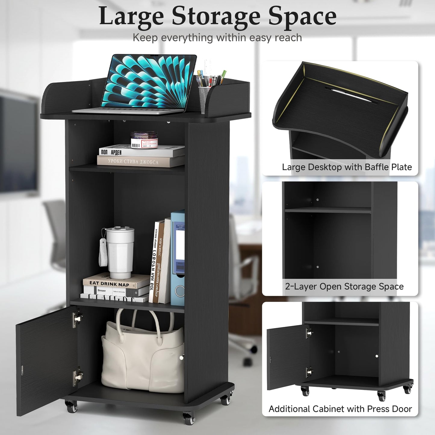 Suuiwau Portable Podium Stand with 4 Metal Wheels, Mobile Lectern Stand with Storage for Church Classroom Restaurant Reception Office Presentation, Wooden Pulpit Desk for Hostess Teacher (Black)