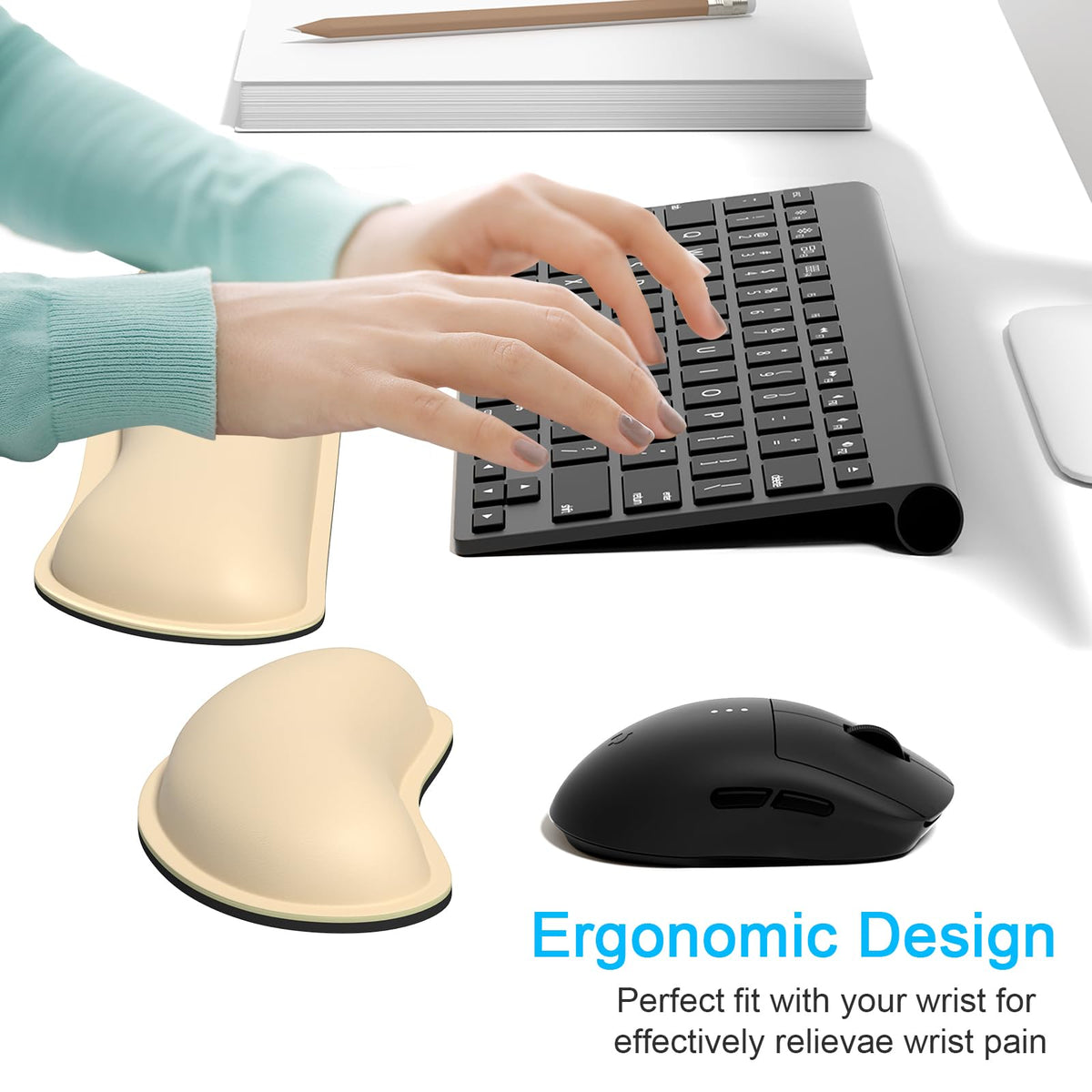 Dapesuom Keyboard Wrist Rest Set, Cute PU Leather Wrist Cushion for Computer Keyboard and Mousepad, Memory Foam Mouse Pad Rests Support with Non-Slip Base for Typing Pain Relief Laptop, Colonial White