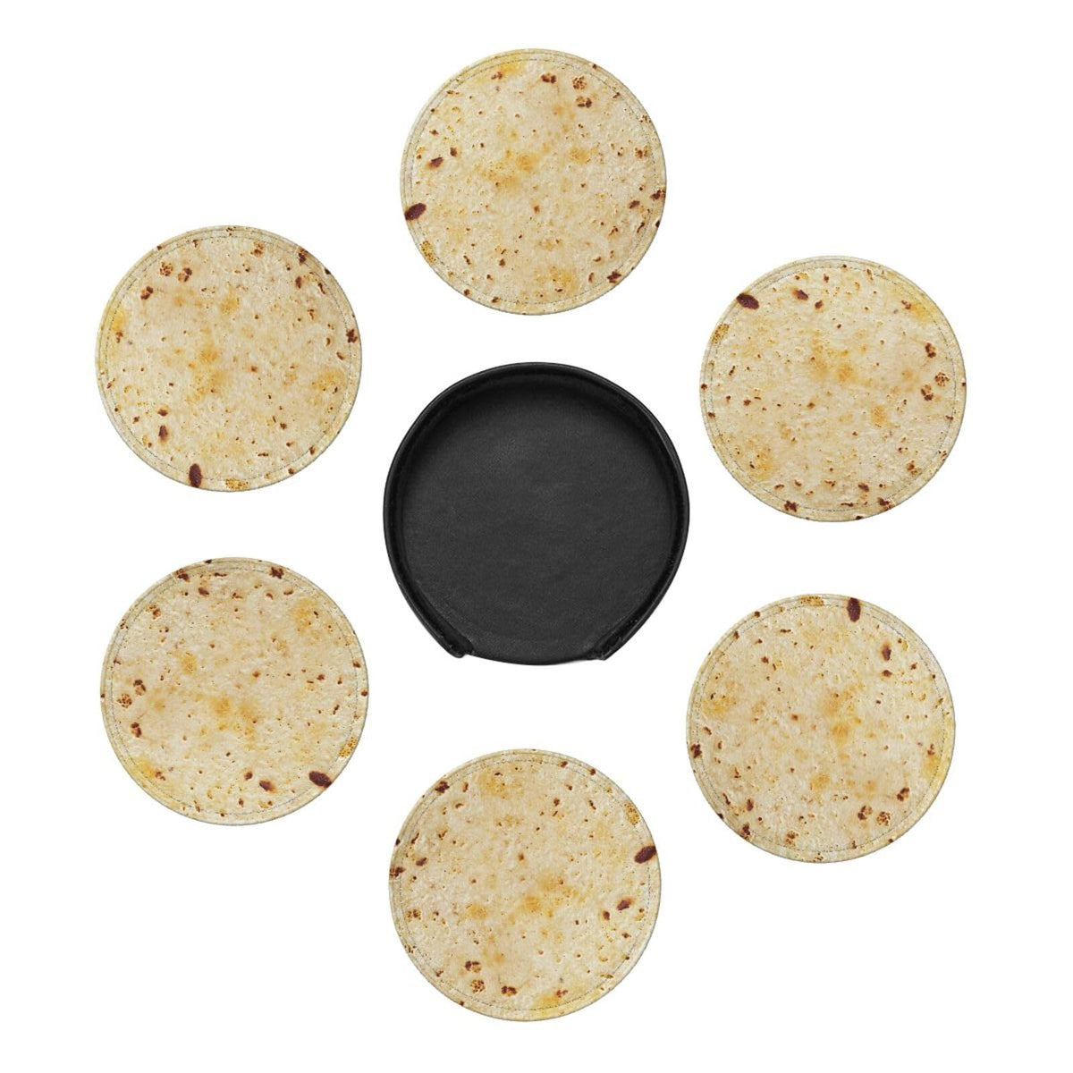 Tortilla Coasters for Drinks Set of 6, Round Leather Coaster with Holder, Drink Coaster Sets for Home Bar Decor House Warming Gift