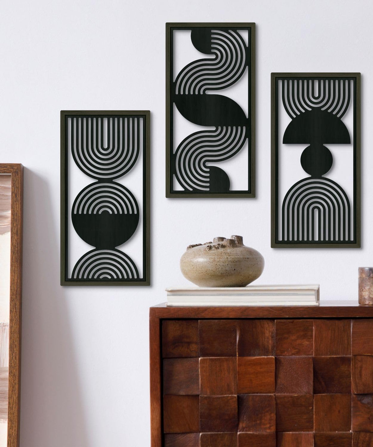 Putuo Decor Modern Minimalist Wall Art Set of 3, Black and Gray MDF Cut-Out Geometric Line Panels, Abstract Vertical Art for Living Room Bedroom Office Wall Decor