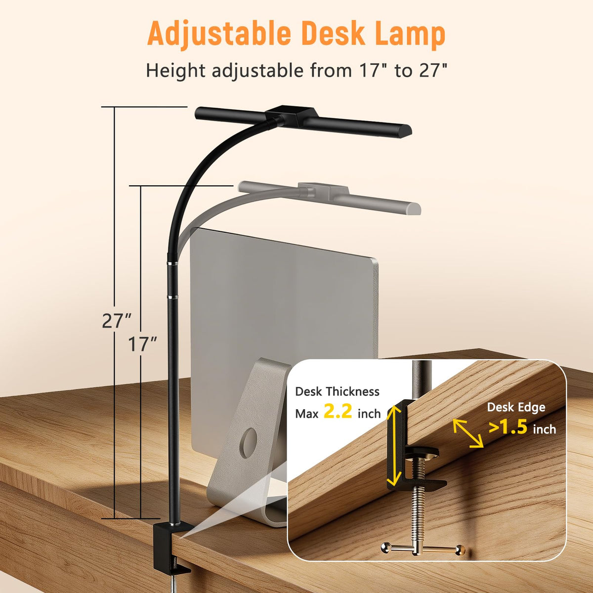 LED Desk Lamp for Home Office, Flexible Gooseneck Desk Lamp with Clamp, 5 Color Touch Control Stepless Dimming Adjustable Eye-Caring Desk Light with Adapter for Reading, Drafting, Study, Workbench