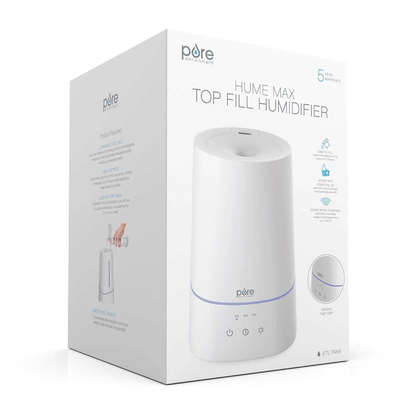 Pure Enrichment HUME Max - Easy Top-Fill Ultrasonic Cool Mist Humidifier, 3.7-L (1 Gallon) Water Tank, 3 Mist Settings, & Auto Shut-Off Timer - Ideal for Large Bedrooms, Nurseries & Dry Areas (White)