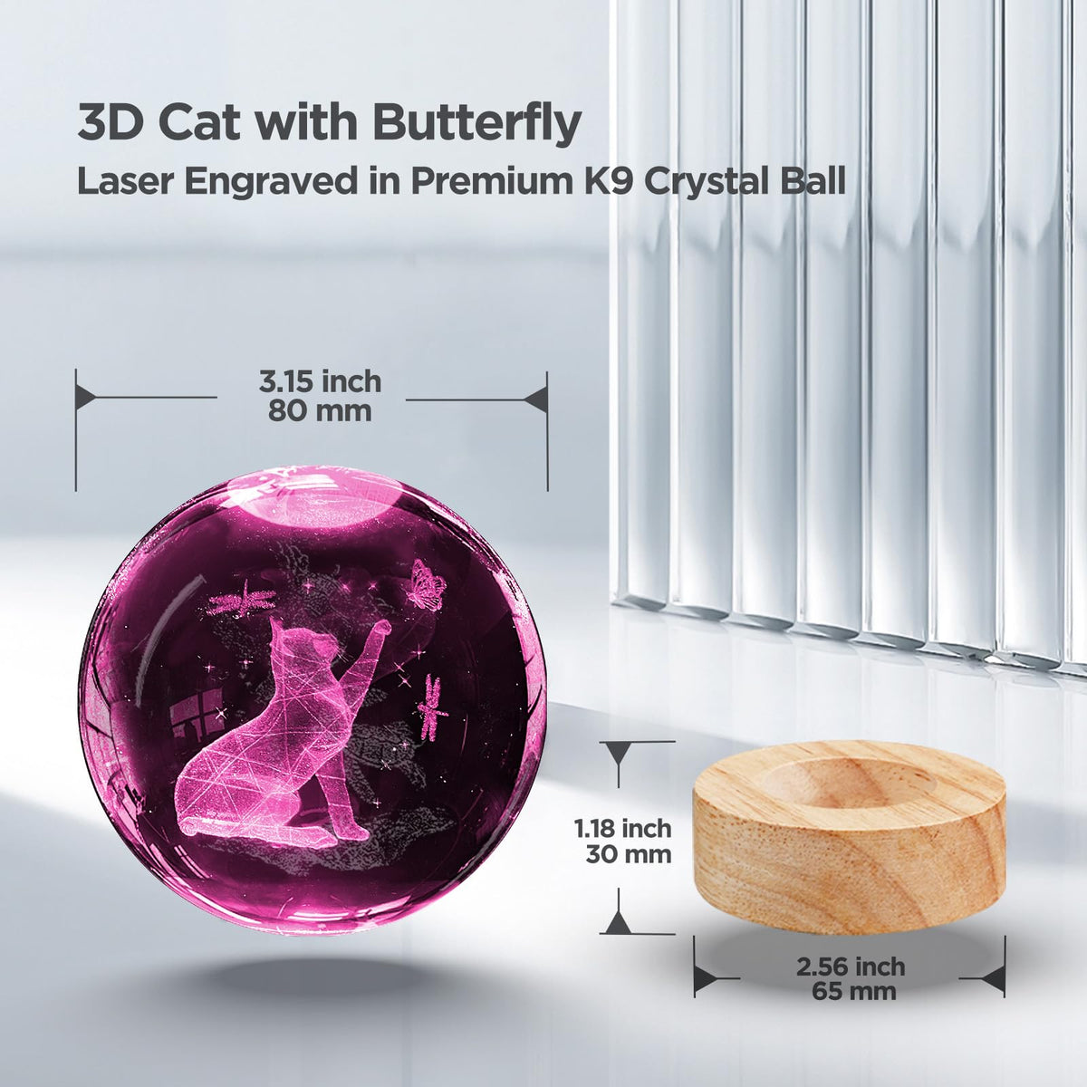 Crystal Ball Night Light Cat Lamp, 3.15 Inch Cat Figurines with 16 Color Wooden LED Base, Birthday &