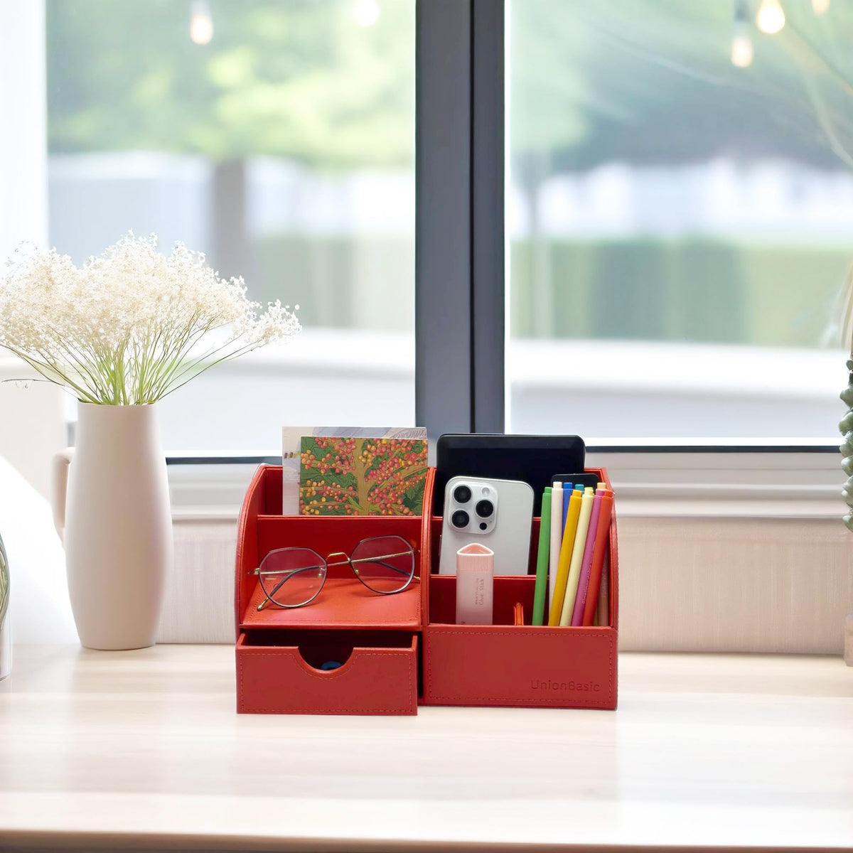 UnionBasic Desk Organizer - Multifunctional Leather Desktop Pen Holder Storage Box - Business Card/Pen/Pencil/Mobile Phone/Stationery Holder, Red