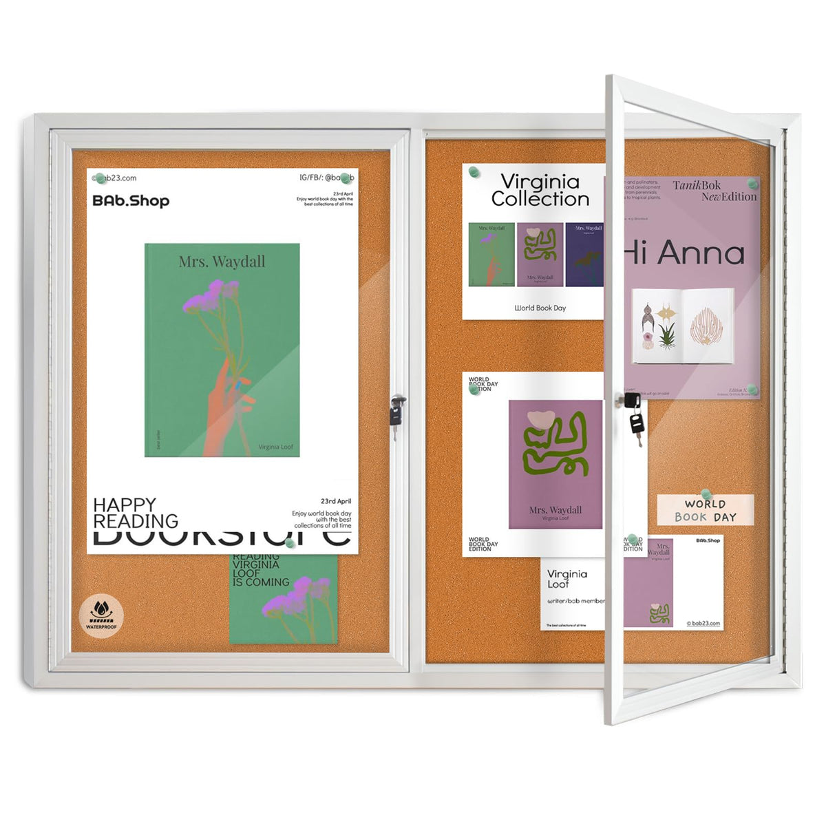 Outdoor Enclosed Cork Bulletin Board 44x32 Inch, Double Door Lockable Wall-Mounted Weatherproof Display Case, Tamperproof Notice Memo Poster Board with Aluminum Frame for Office, School, Community