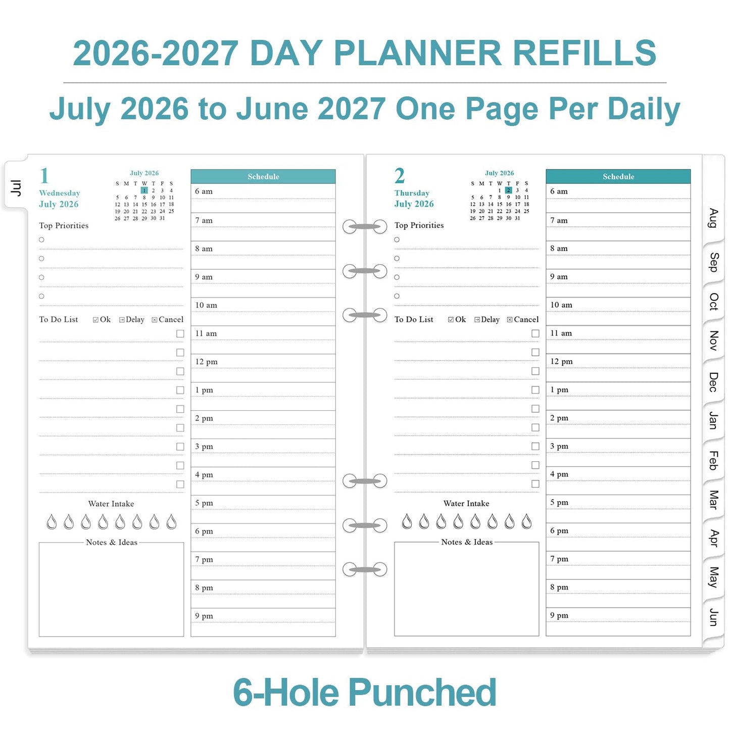 2026-2027 Planner Refills for A5 Binder - One Page Per Day Daily ＆ Monthly Planner, July 2026 - June 2027, Prioritized, To-Do List, Notes, Appointment Schedule, 6-Hole Punched, 5.8" x 8.3"