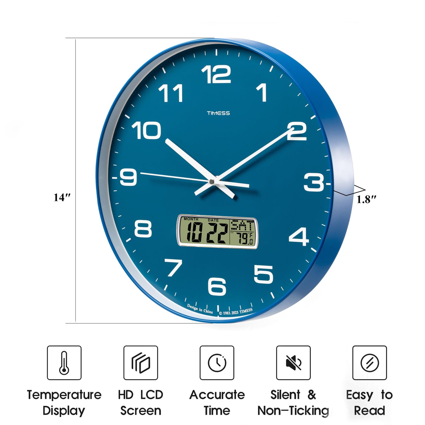 TIMESS Wall Clock, 14" Large Dial Non-Ticking Silent Battery Operated Analog with LCD Display for Perpetual Calendar and F° Temperature, Ideal Modern Home, Bedroom, Kitchen, Office Decor (Blue)