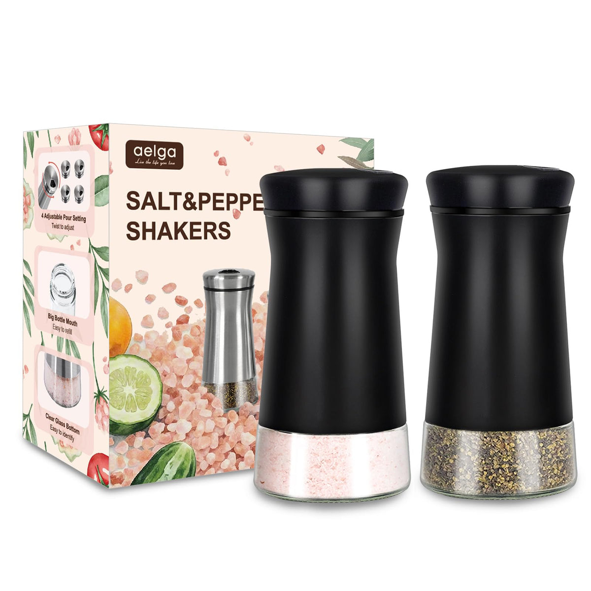 Black Salt and Pepper Shakers with Adjustable Pour Holes, Farmhouse Glass Salt Shaker with Stainless Steel Lids, Refillable Shaker by Aelga, Ideal for Himalayan, Kosher and Black Pepper