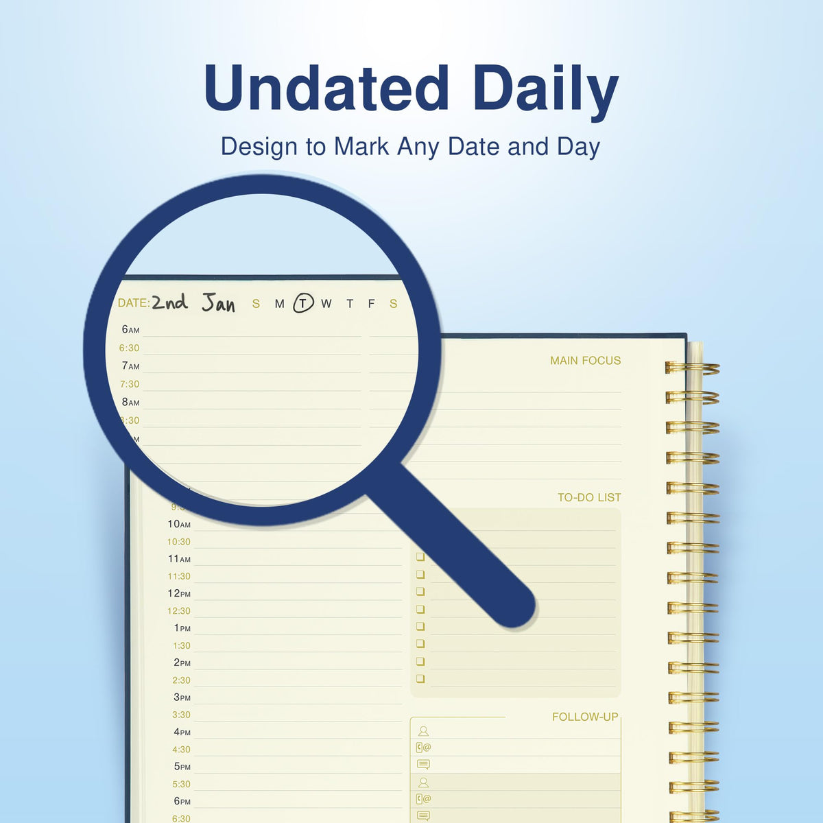 AuroPlanner Undated Daily Planner To Do List Hourly Schedule 2027 2026 2025 Calendar & Holiday Habit Tracker 180 Pages Letter Size 8.5" x 11" Sheets Hardcover Spiral Bound Notebook (Navy Blue)