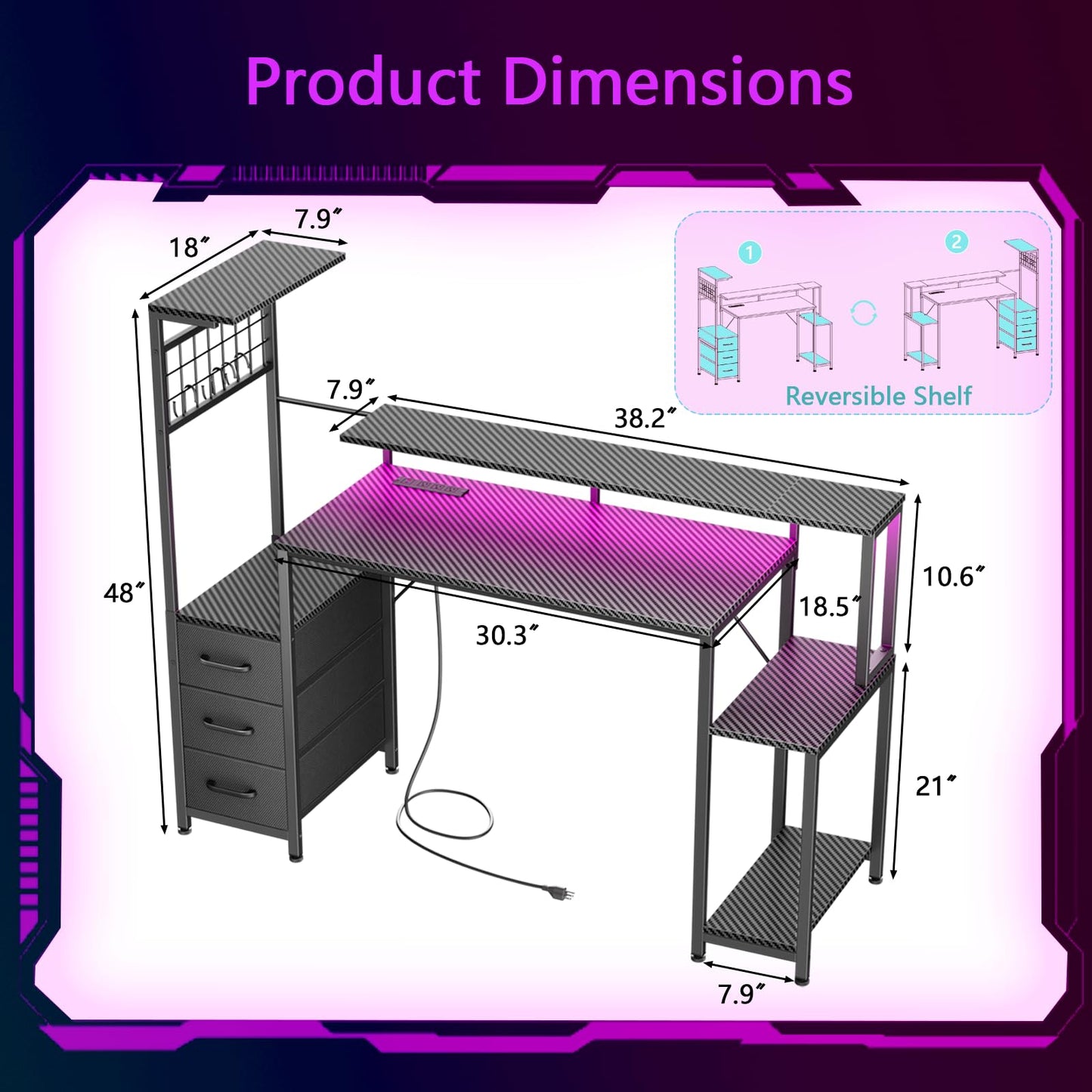 Korfile 48 Inch Gaming Desk with LED Lights & Power Outlets,Computer Desk with Fabric Drawers & Side Hook,Reversible Gamer Table with Monitor Stand for Game Room,Home Office,Carbon Fiber Black