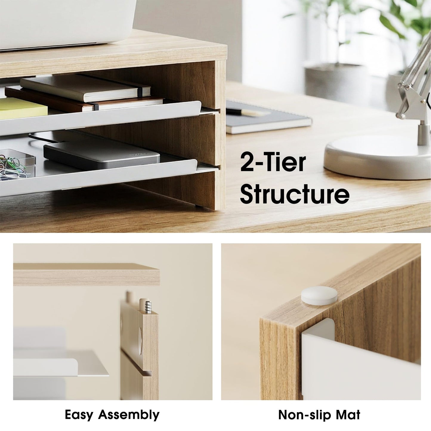 Fenge Monitor Stand, 3-Tier Monitor Riser with Slide-Out Tray, Wooden and Metal Desktop Organizer for Home Office, Computer, Laptop, Printer, Telephone