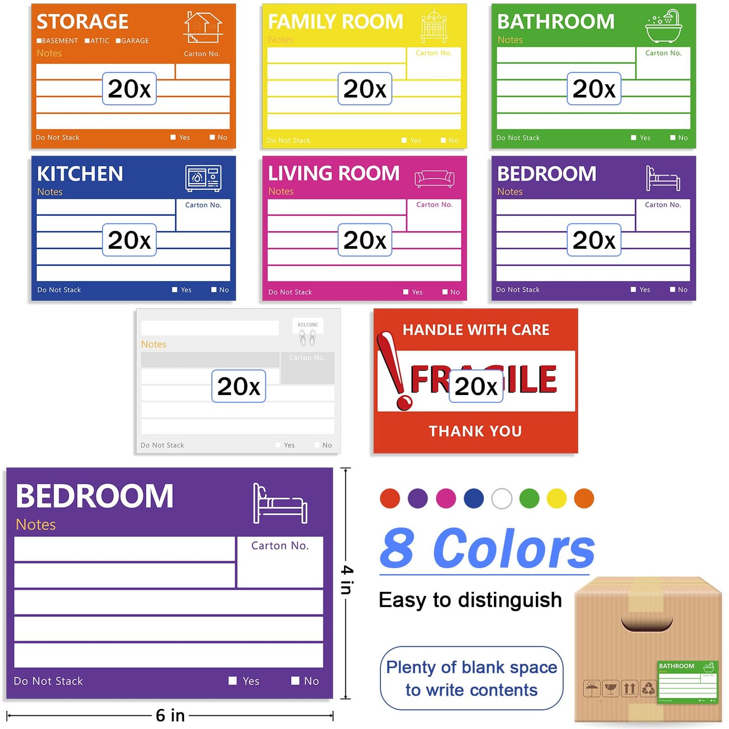 6 x 4 in Large Moving Labels for Boxes, Home Moving Packing Color Coded Stickers Supplies Labels with Writable Notes Areas, Fragile Blank Moving Boxes Stickers 160pcs