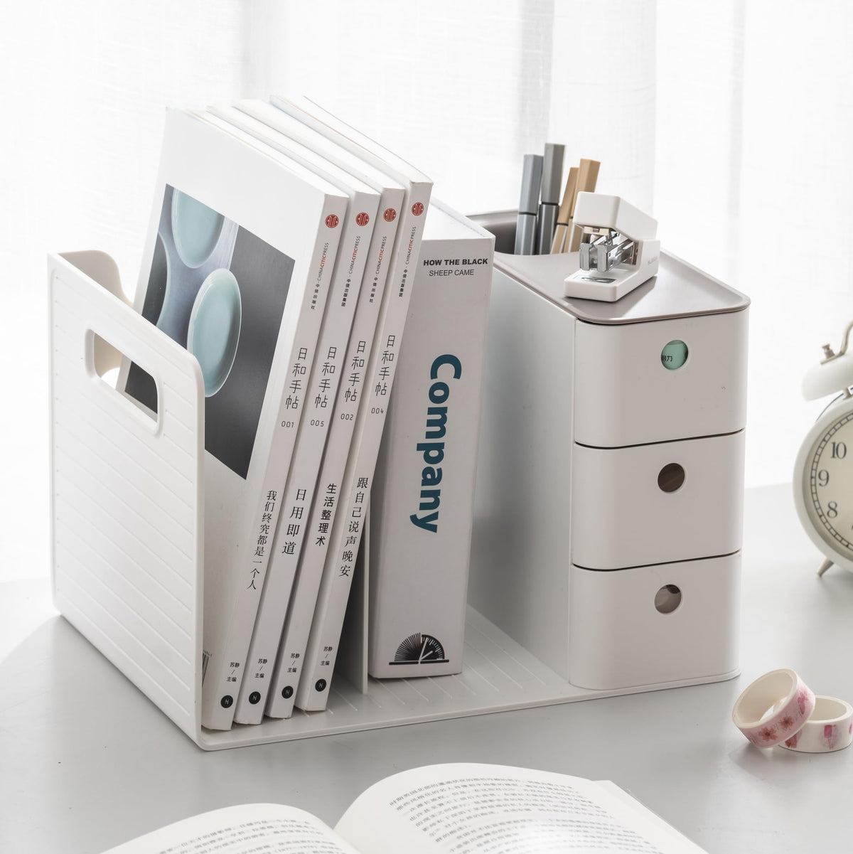 HKeeper White Plastic Desktop Organizer with File slots,3-tier Drawers with Pen Holder,Book Stand for Office Supplies and Desk Accessories (White+Grey)