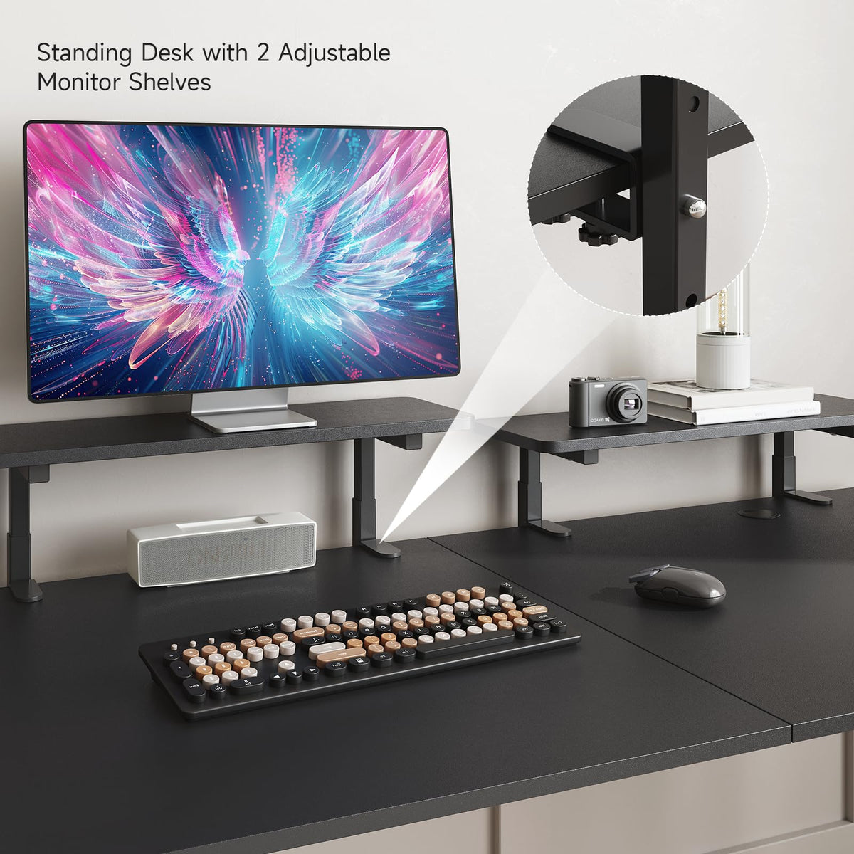 ONBRILL Standing Desk with 2 Adjustable Monitor Shelves, 63 x 24 Inches Electric Stand Up Desk with Memory Controller and Adjustable Height from 28-46 inches for Computer Workstations, All Black