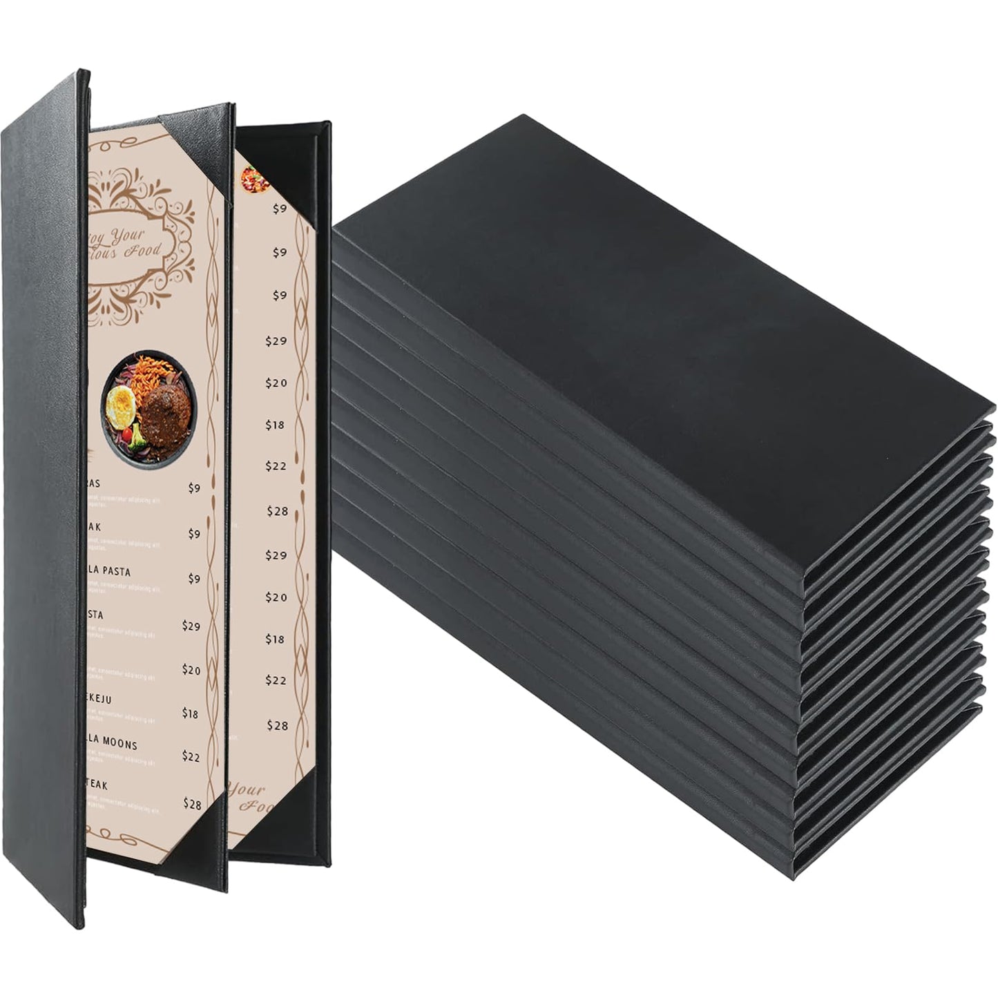 FLKQC Restaurant Menu Covers Holders 4.25" x 11" | Pack of 10 Synthetic Leather Triple Fold Panels 4 View Angled Corners Black for Wine List, Drinks (10, Triple Fold Panels 4 View (4.25 x 11 inch))
