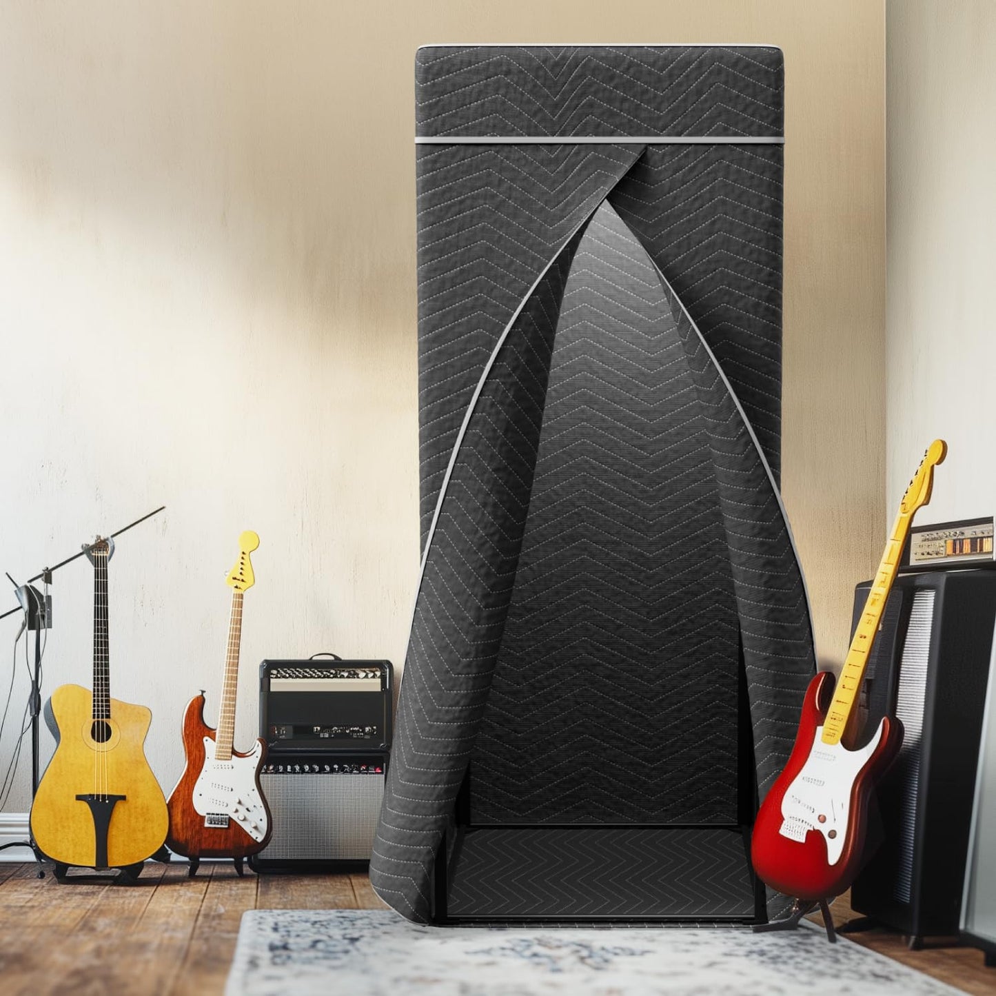 Portable Recording Booth for Home Studio, Foldable Sound Isolation Vocal Shield with Floor Stand, High-Density Acoustic Blanket Enclosure for Singing, Voiceover & Podcast, Includes Phone Holder