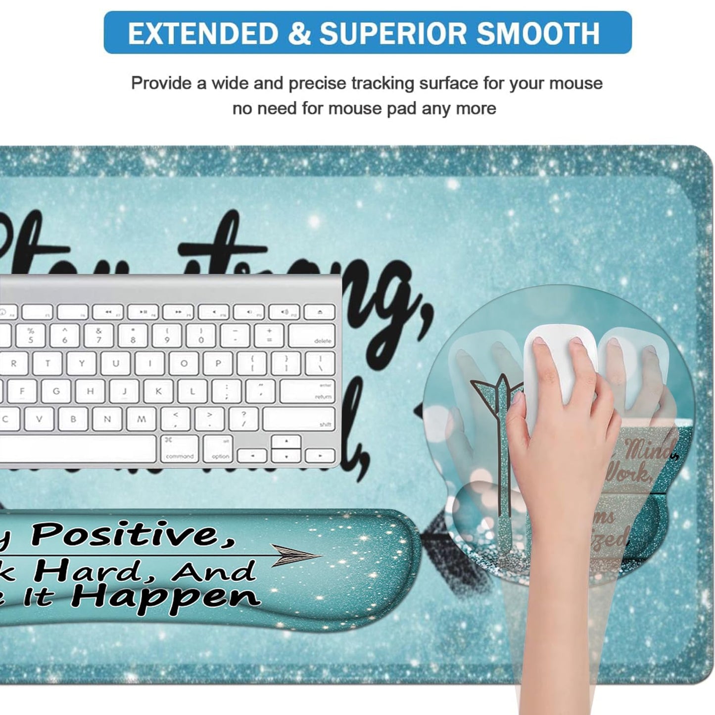 AQQA Desk Mat Desk Pad,5in1 XXL Mousepad + Keyboard Wrist Rest+Mouse Wrist Rest+Coaster Set with Ergonomic Desk Pad for Home Office Desk Accessories Decor Supplies,Stay Positive