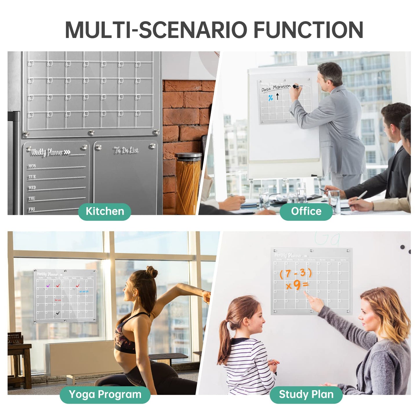 LCPCX Acrylic Magnetic Dry Erase Board for Fridge, Set of 3 Transparent Monthly & Weekly Planning Boards, Includes 6 Dry Erase Markers, 1 Eraser and Magnetic Pen Holder