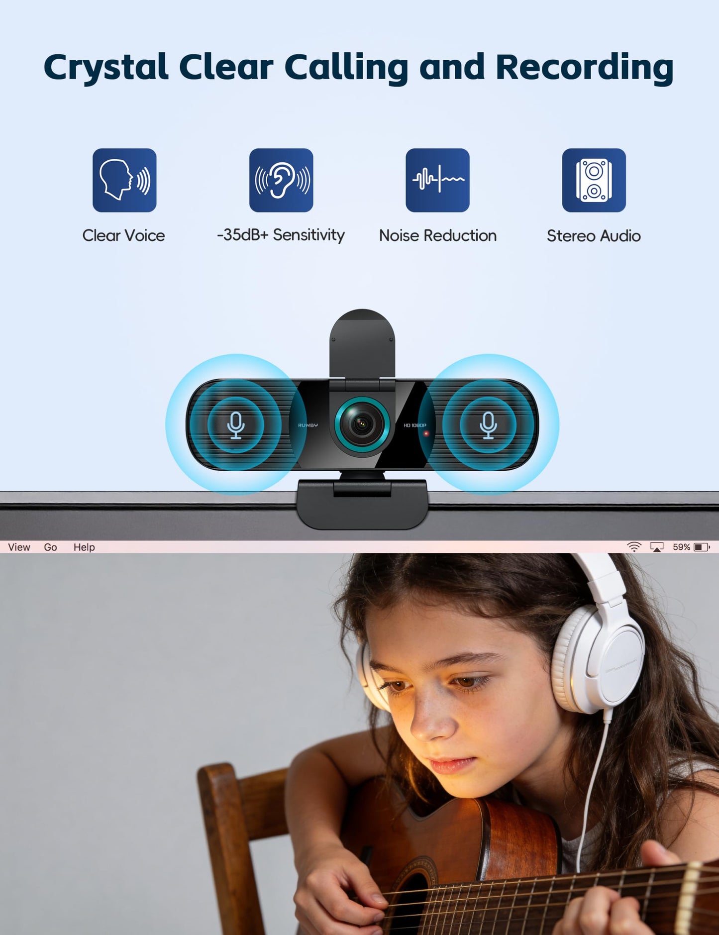 RUWBY Full HD 1080P Webcam with Built-in Dual Mics, Wide-Angle Lens, Privacy Cover, Tripod Stand, Autofocus Computer Camera, Plug and Play for Desktop PC or Laptop