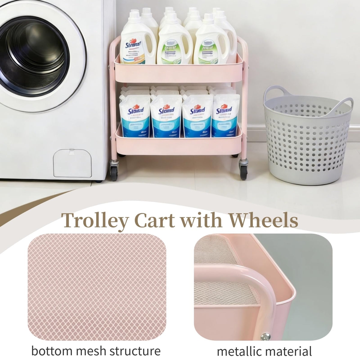 LIWNYRK 2 Tier Pink Rolling Cart with Wheels for Under Desk Storage, Large Capacity Rolling Pantry & Kitchen Storage Cart for Small Space, Sturdy Metal Bathroom Shelf Laundry Room Organization
