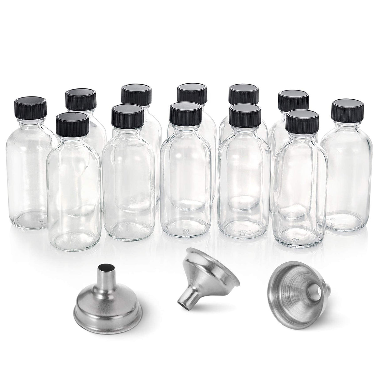 AOZITA 12 Pack, 2 oz Small Clear Glass Bottles w/Lid & 3 Funnels - 60ml Boston Shot Bottles for Health, Immunity, Potion, Wellness, Sample, Ginger, Juice - Mini Personal Care & Beauty Travel Bottle