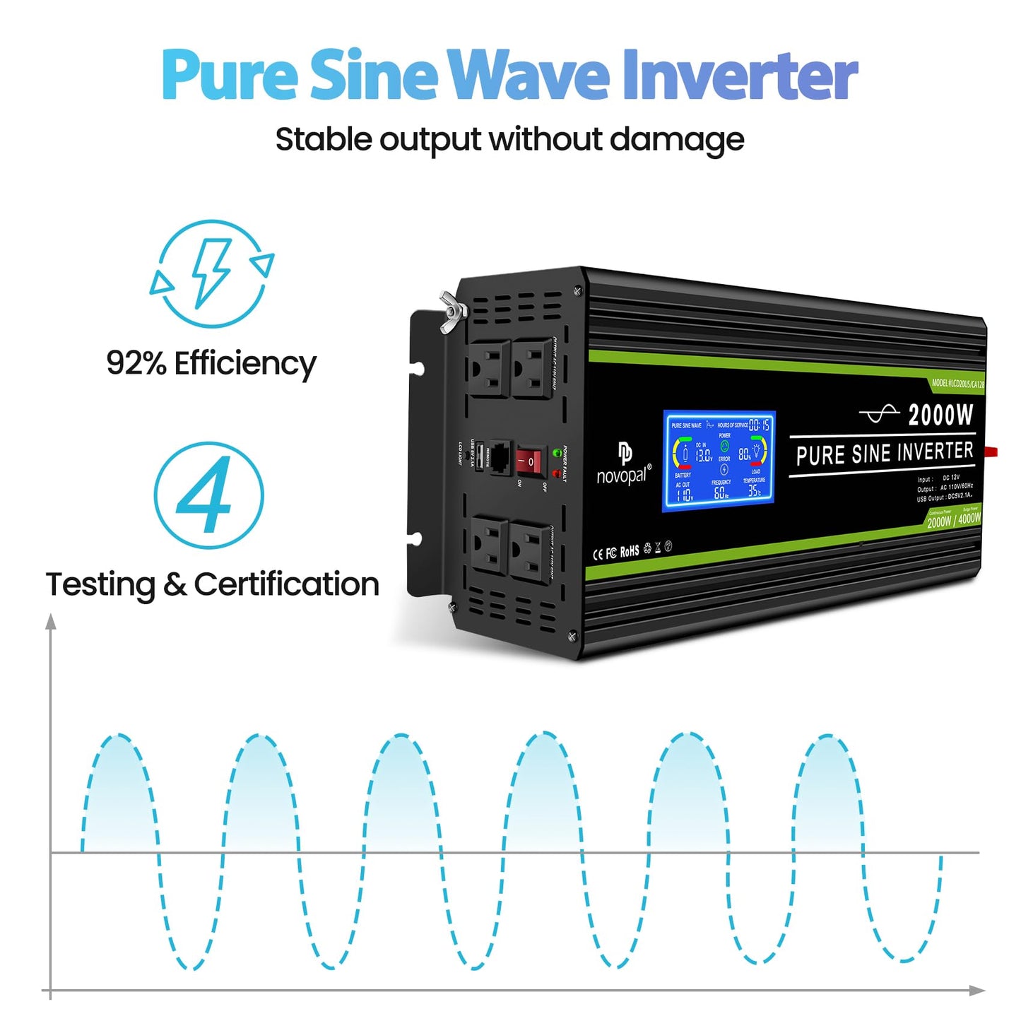 NOVOPAL 2000 Watt Pure Sine Wave Power Inverter DC 12V to AC 110V 120V Rv Inverters with 1 USB Port-16 feet Remote Control, LCD Display for Truck, Hurricane, Home