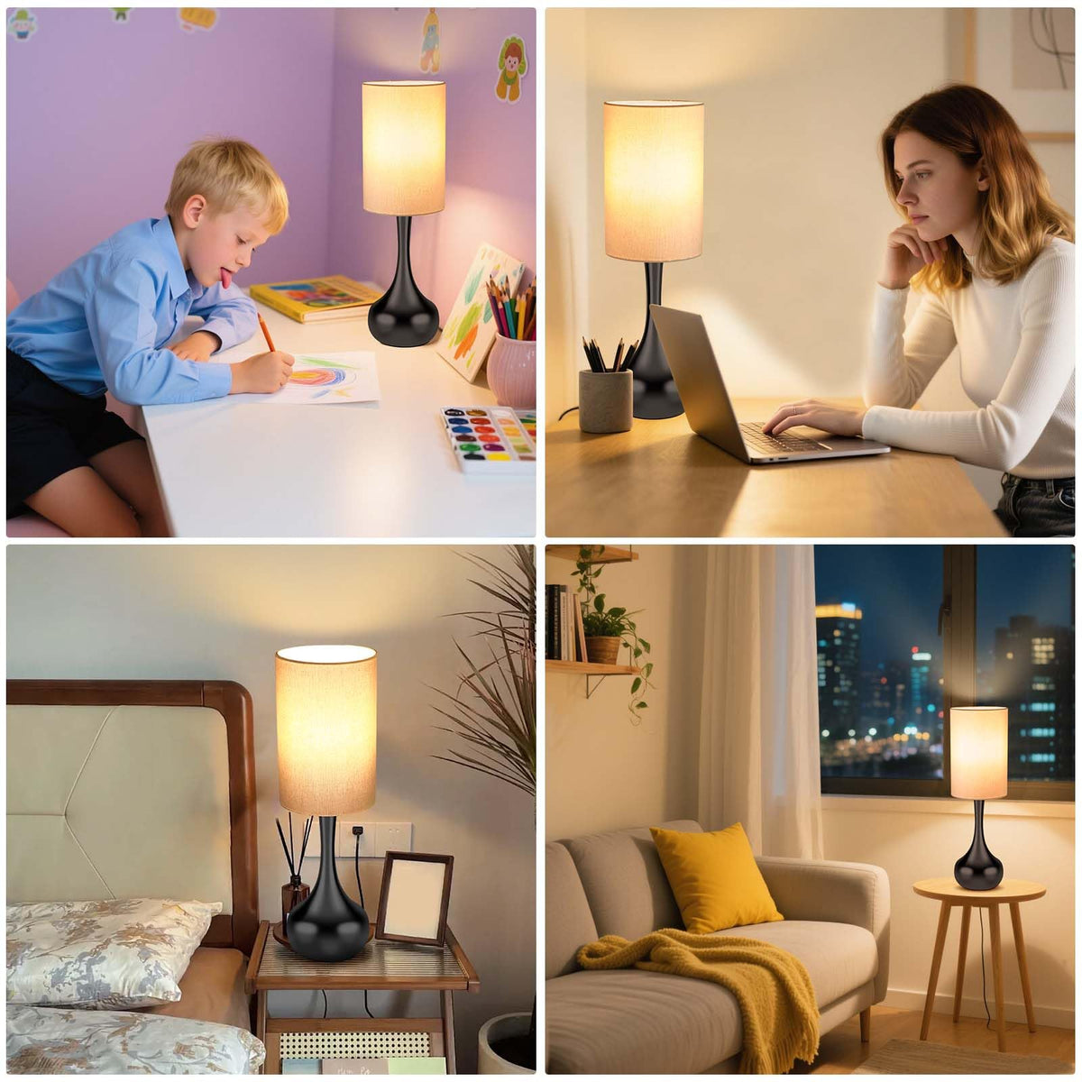 LEDIKON Mid Century Modern Droplet Table Lamp,Touch Control & 3-Way Dimmable,No Assembly Required Cylinder Shade,Black Vintage Farmhouse Bedside Lamp for Bedroom,Nightstand,Living Room,Office