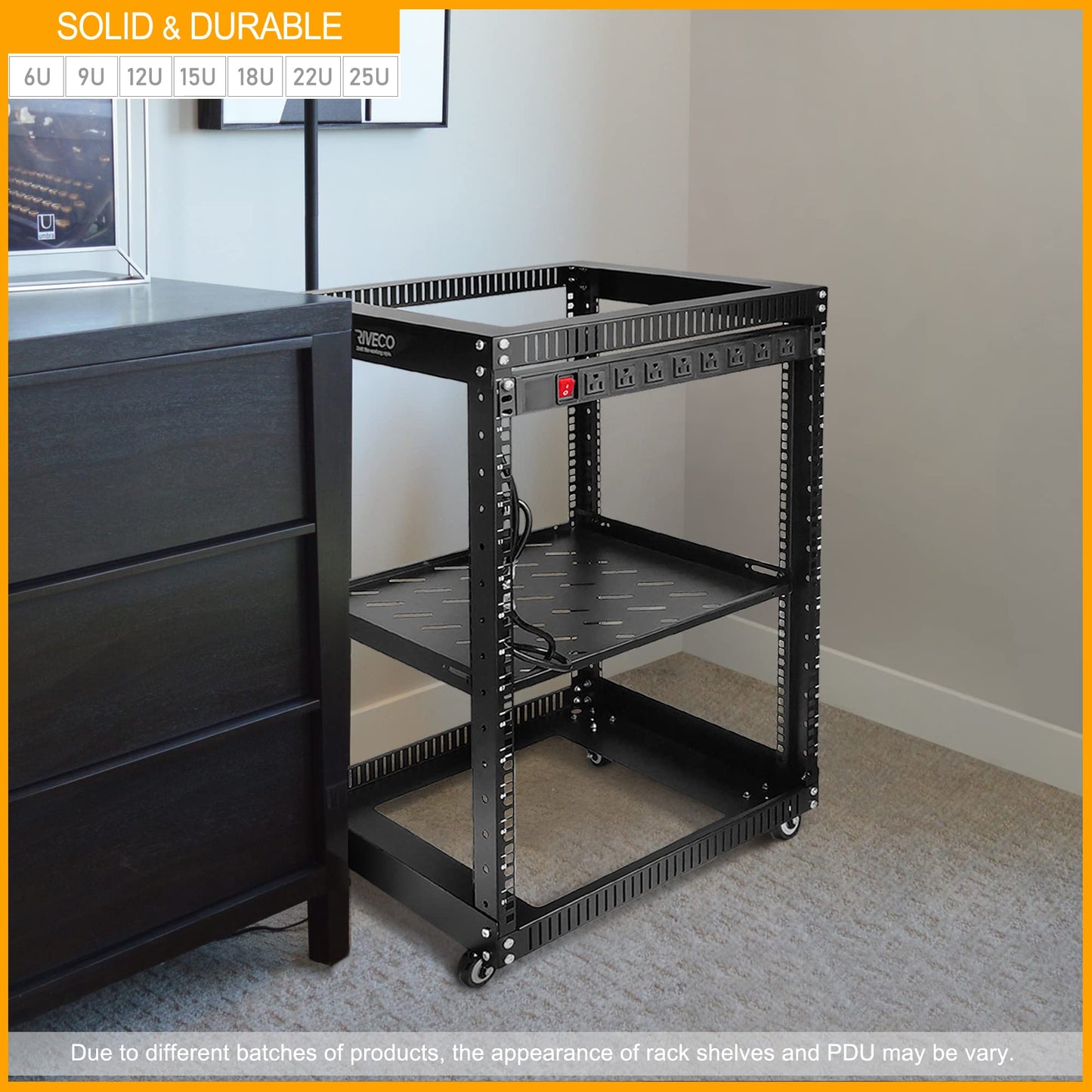 RIVECO 25U Open Frame Server Rack with Wheels + PDU (8 Outlets) Power Strip Surge Protector (2pcs Rack Shelves +1 PDU, 25U)