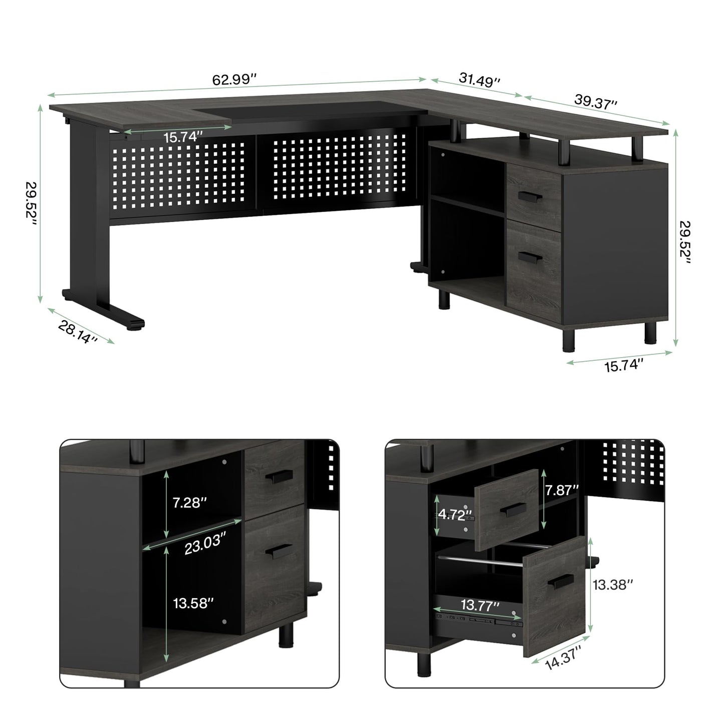 LITTLE TREE Large Computer Desk with File Cabinet, 63 Inch Executive Desk L Shaped Office Desk with Drawers and Storage Shelves, Business Furniture Desk Workstation for Home Office