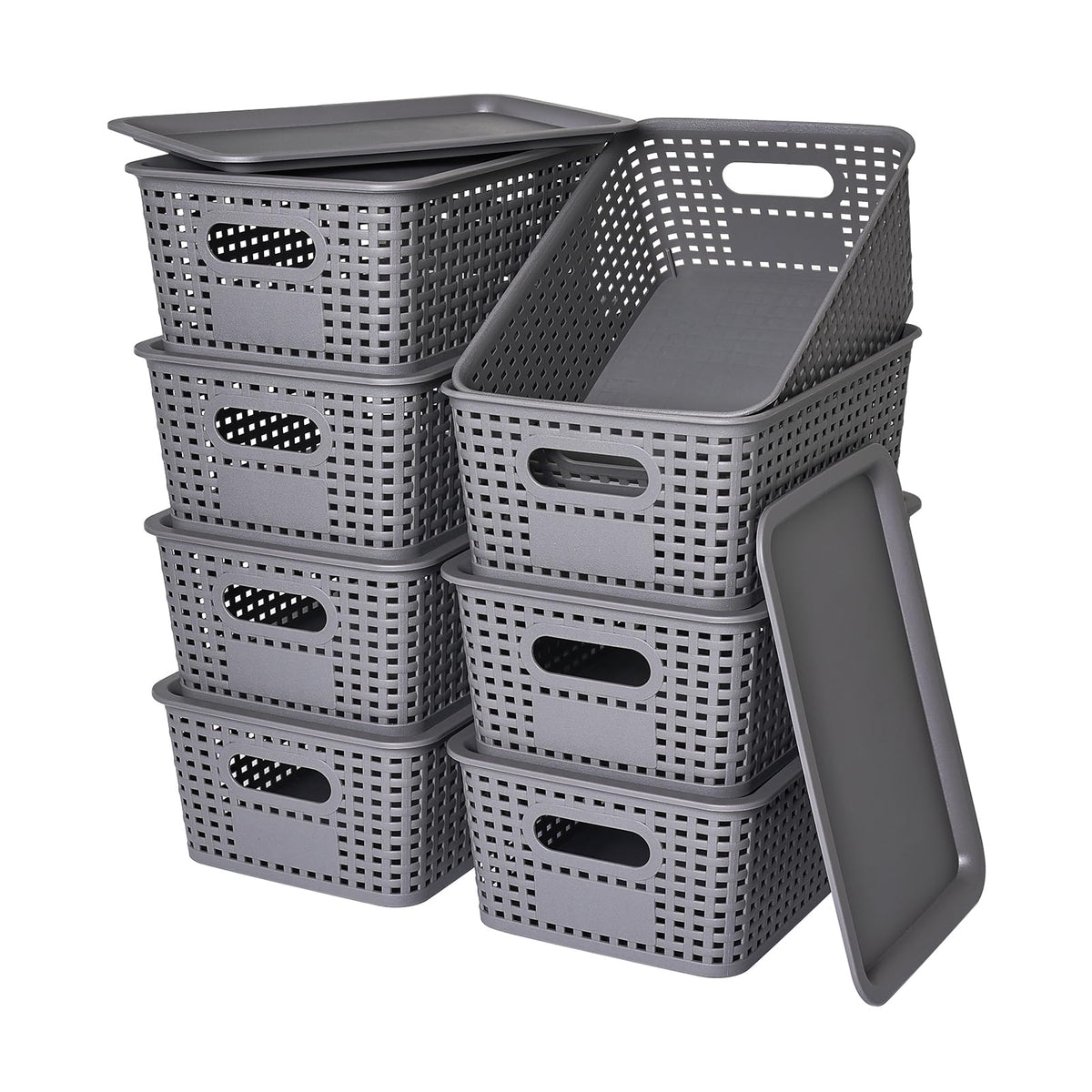 Plastic Storage Baskets with Lid-Plastic Storage Containers Stackable Storage bins: Storage Baskets for Organizing Shelves Drawers Desktop Closet Playroom Classroom Office,8 Pack-Gray10.2x7.2x4.1Inch