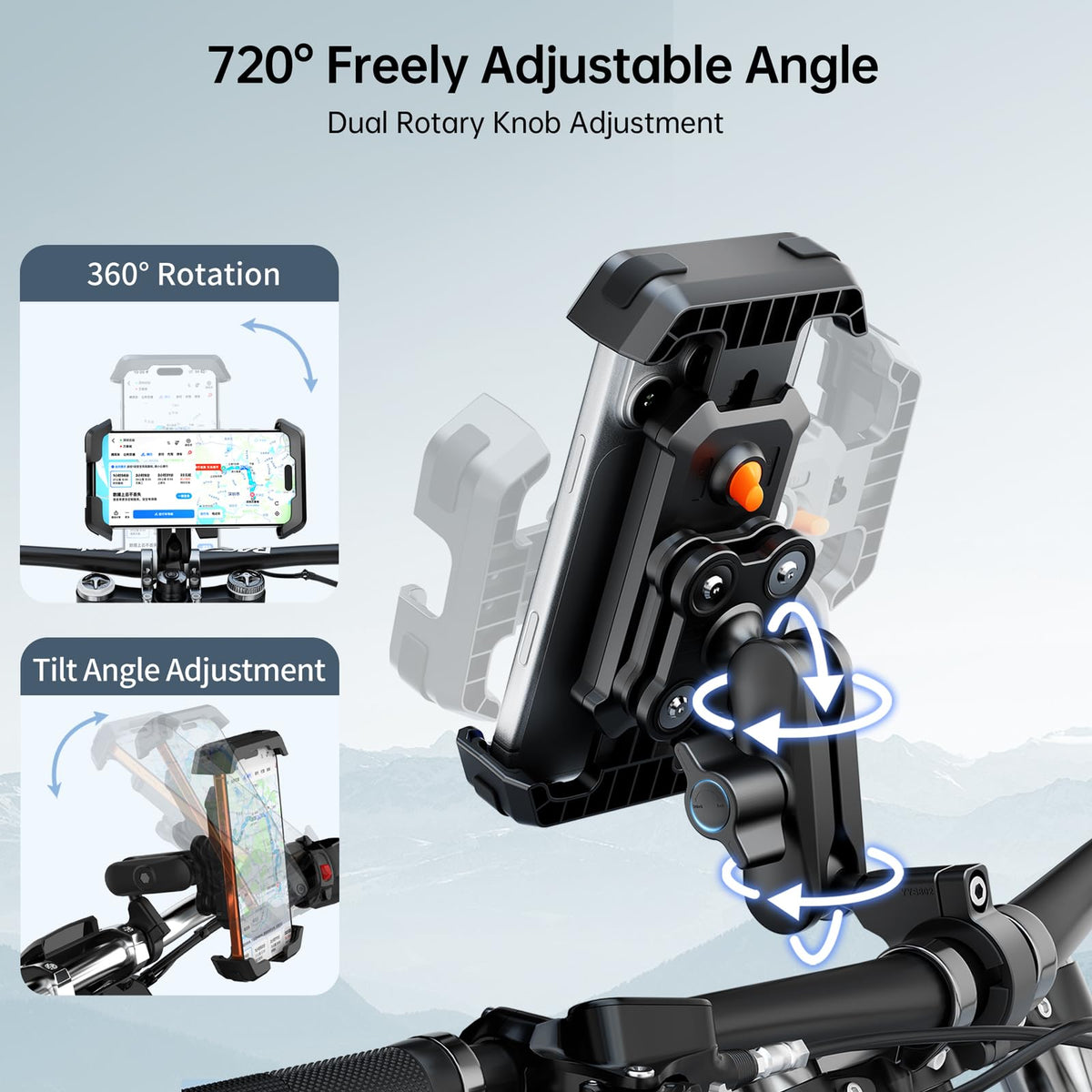 SEAJIC Motorcycle Phone Mount with Vibration Dampener & Security Lock, 720° Adjustable Bike Phone Holder Handlebar, Anti-Theft Motorcycle Phone Holder for iPhone 17/16/15/14/13 Series, 4.5-6.8" Phones