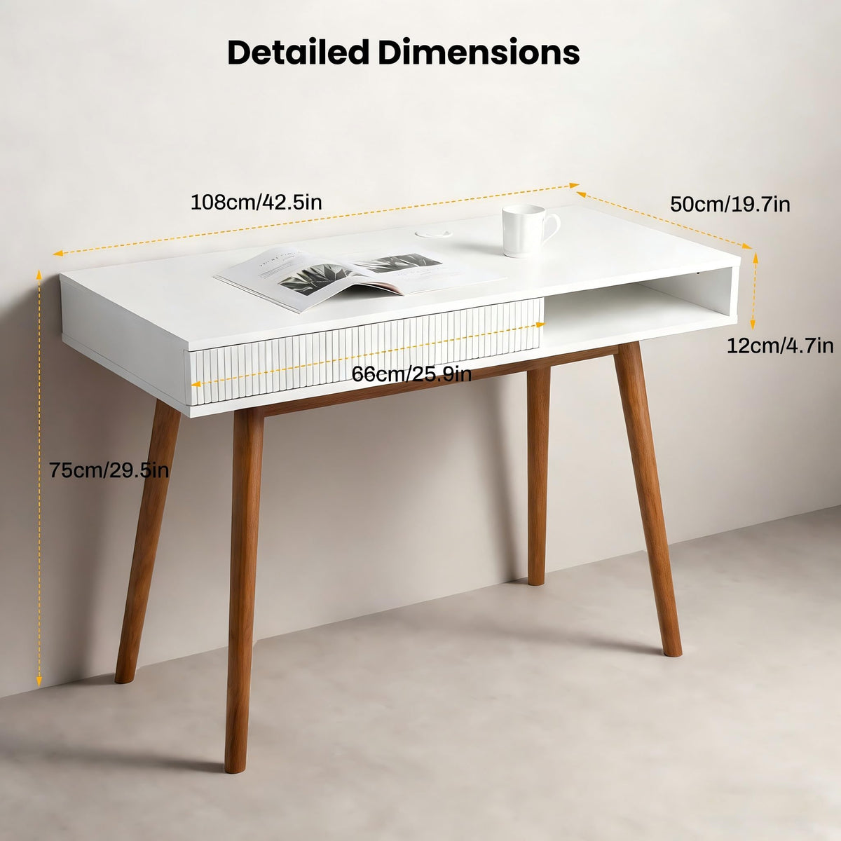 Artswish White Writing Desk with Drawers Mid Century Modern Desk, Wood Office Computer Desks for Small Space, White Desks with Walnut Legs