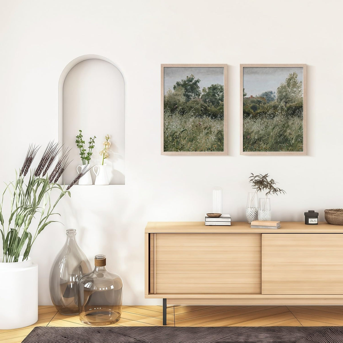 Framed Vintage Canvas Wall Art Nature Scenery Tranquil Outdoor Greenery Poster Picture Countryside Painting Natural Landscape Modern Home Print Living Room Gallery Ready to Hang 12x16 inches x2