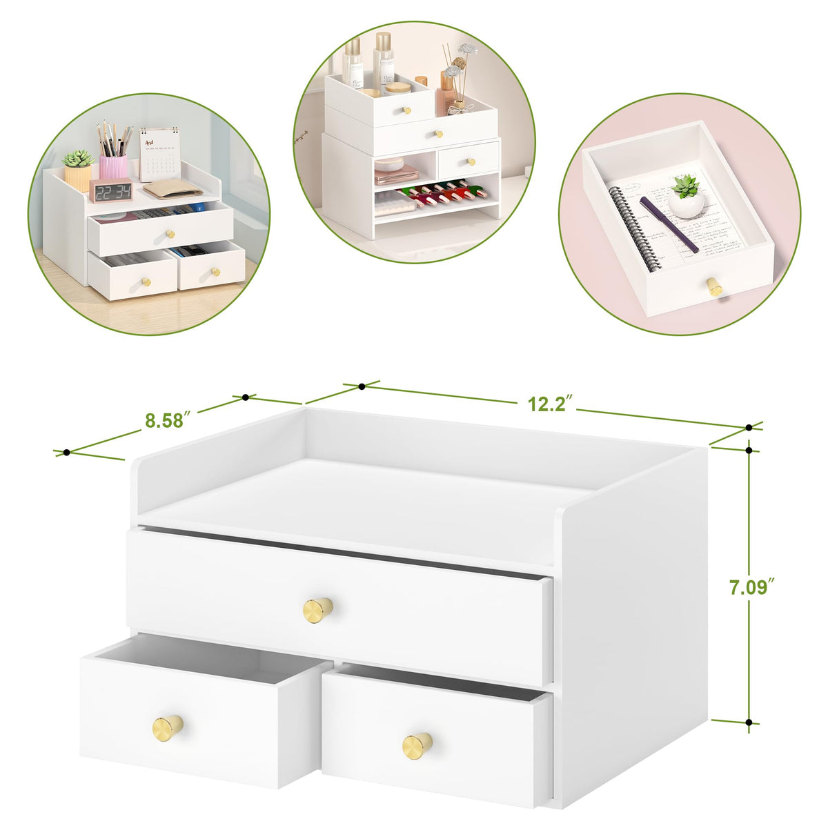 Bamboo Desk Organizer with Drawers Wooden Desktop Storage Drawers for Bills Office Supplies Kitchen Utensils Organizing Tool for Home Classroom Organization No Assembly (White, 3 Drawers)