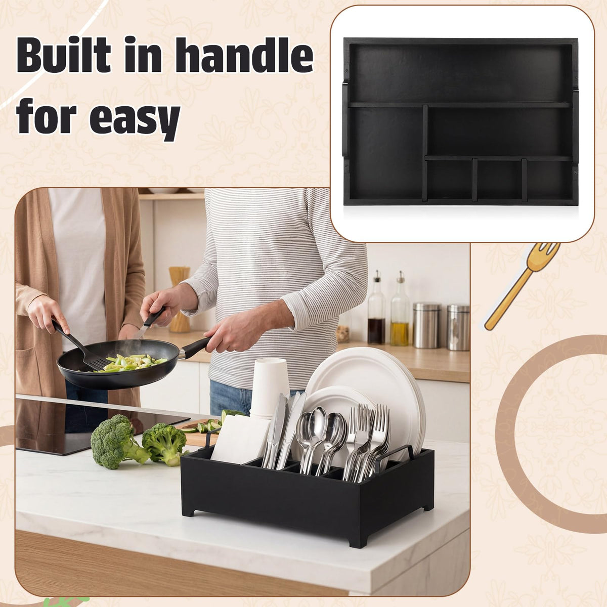 LemonRoad Wood Paper Plate Dispenser Rustic Silverware Utensil Caddy Cutlery Flatware Organizer with Handles 6 Compartments for Countertop Party Picnic Camping Buffet Kitchen Accessories(Black)