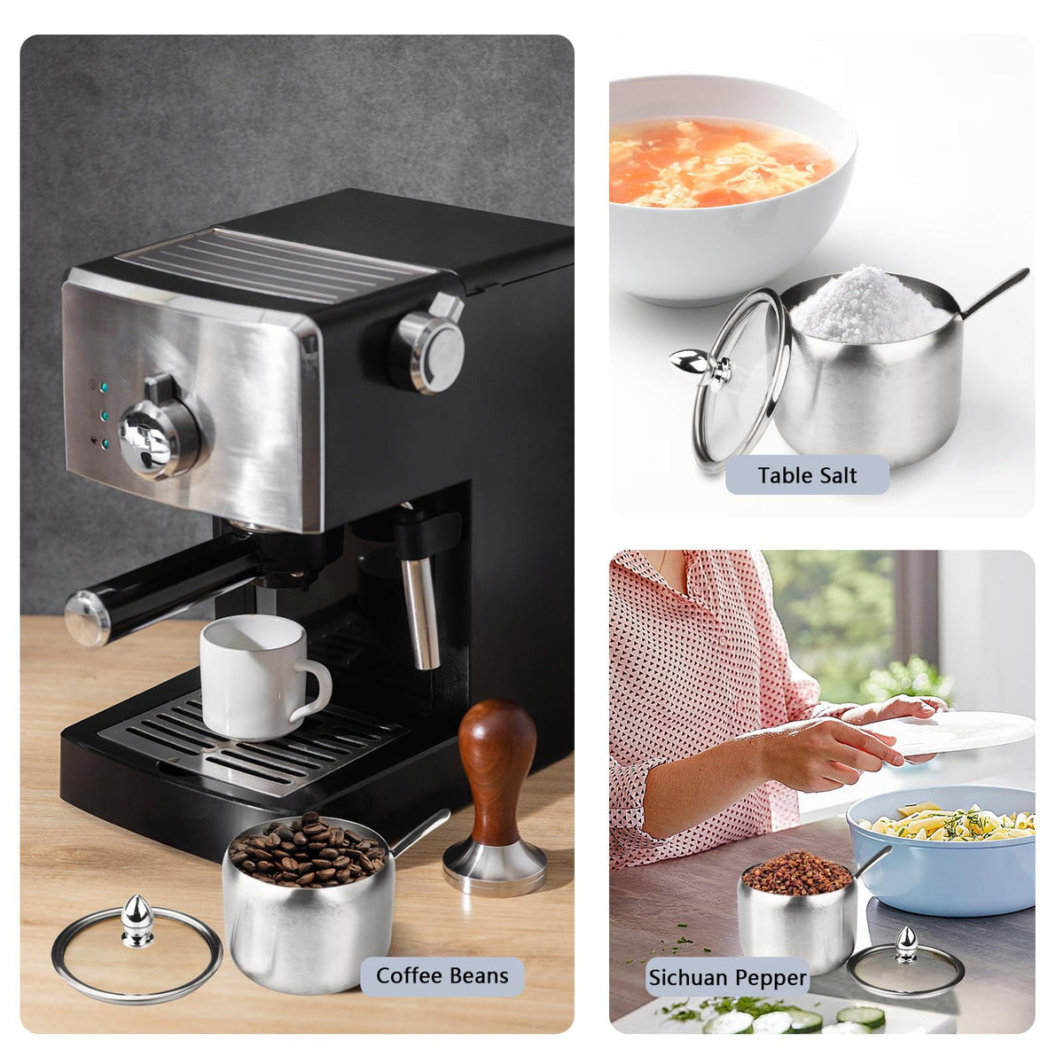 2 Pieces Stainless Steel Sugar Bowl with Lid and Spoon, 8.45 Oz/250 ML Sugar Container for Coffee Bar, Salt Bowls for Countertop Kitchen Storage Pepper Seasoning Coffee Bean Candy Spices, (Silver)