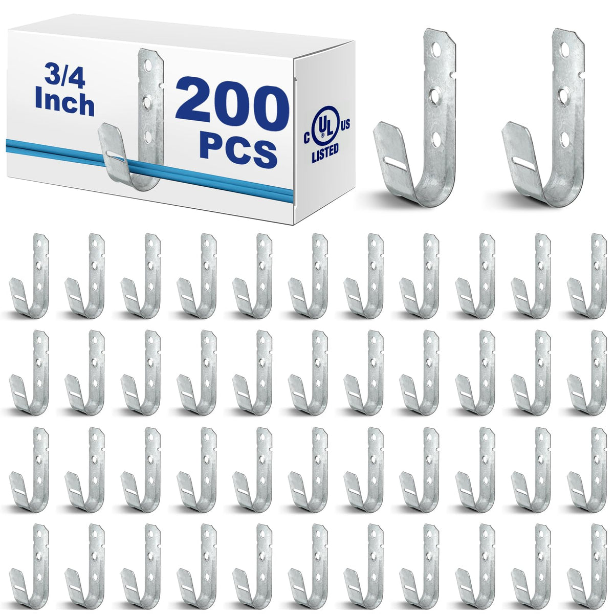 Gisafai 200 Pcs Cable Support J-Hook, 3/4 Inch Metal Garage Hooks for Hanging, Heavy Duty Network for Cable and Wire Management Wall Attaching J Utility, G60 Galvanized Steel, Silver