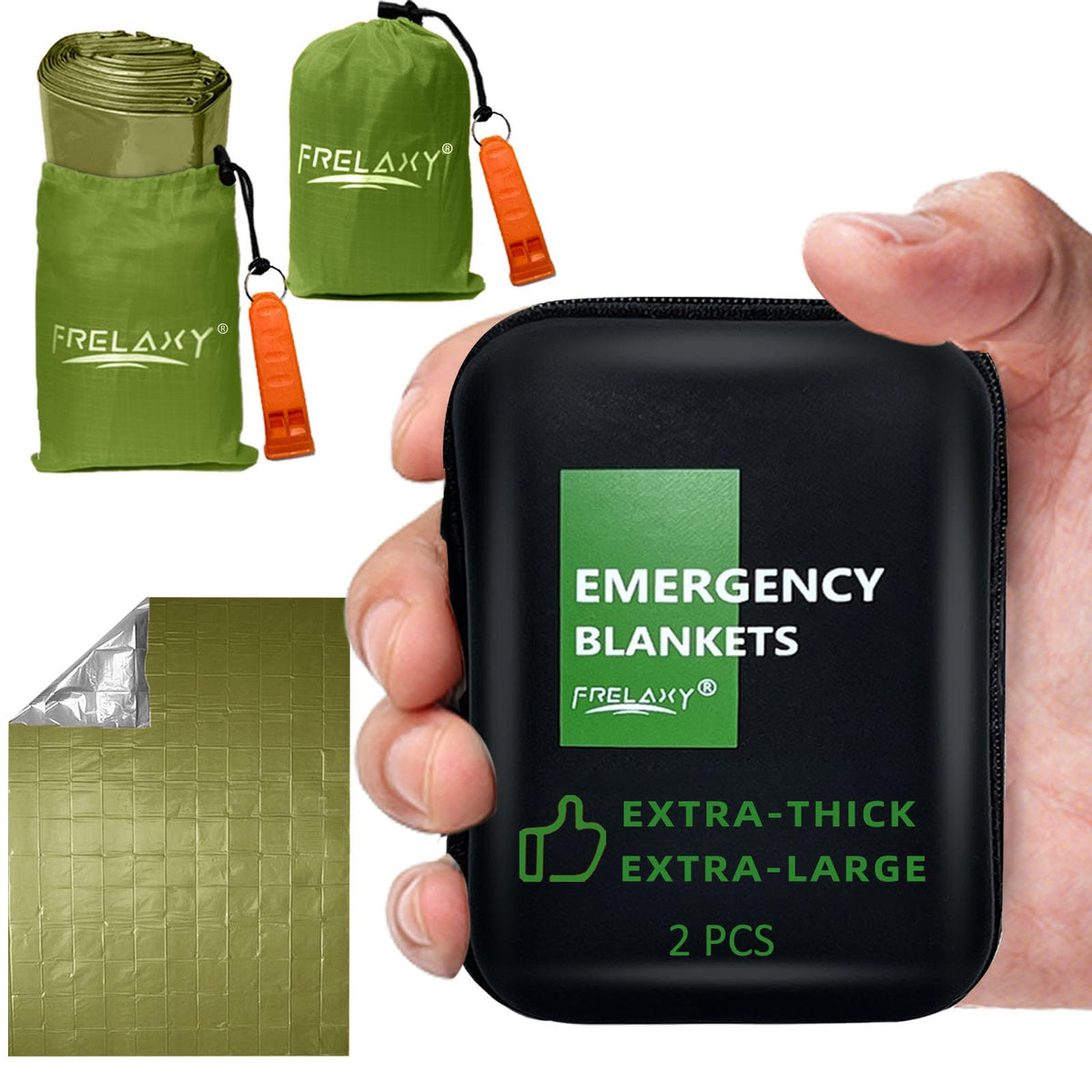 Frelaxy Emergency Blanket 2-Pack/4-Pack, Extra-Thick Extra-Large Space Blankets with Whistles, Storage Pouchs, and EVA case
