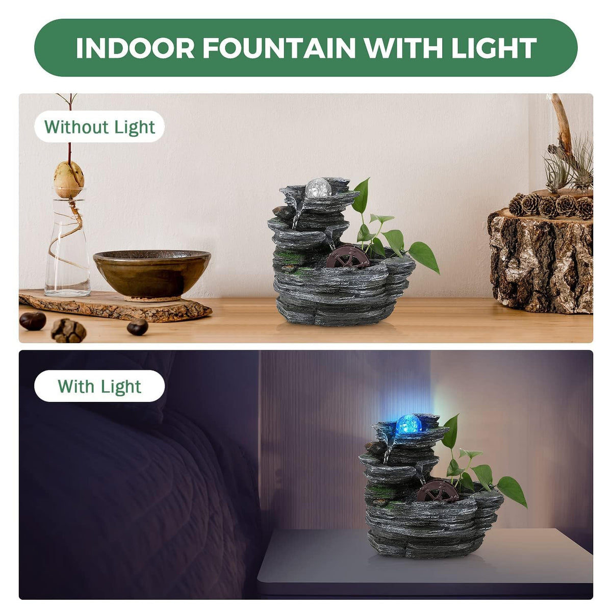 POWLAB Tabletop Water Fountain,Environmental Resin Meditation Waterfall,Desktop Fountain with Waterwheel,Indoor Waterfall Feature with Crystal Ball and Light for Home Office Decor Relaxation 10X7X11in