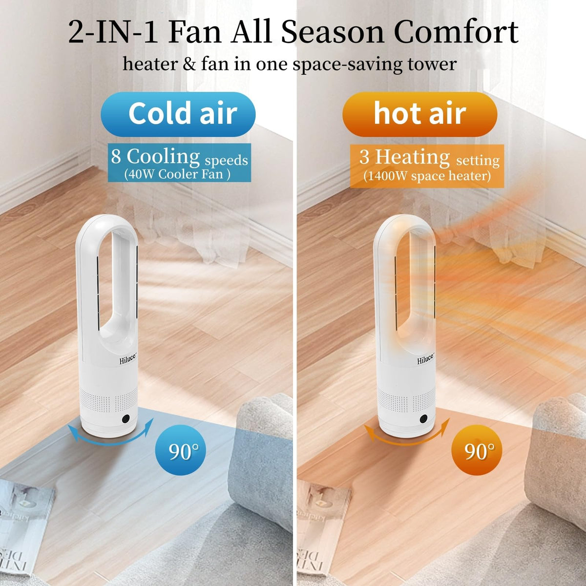Hiluce All Season Bladeless Fan, 1400W Space Heater & 40W Tower Fan Combo with Remote,25dB Quiet Heater Fan Combo,90° Oscillation,8 Speeds, 9H Timer,Fast Safety Heat for Bedroom, Kitchen, Office 22"