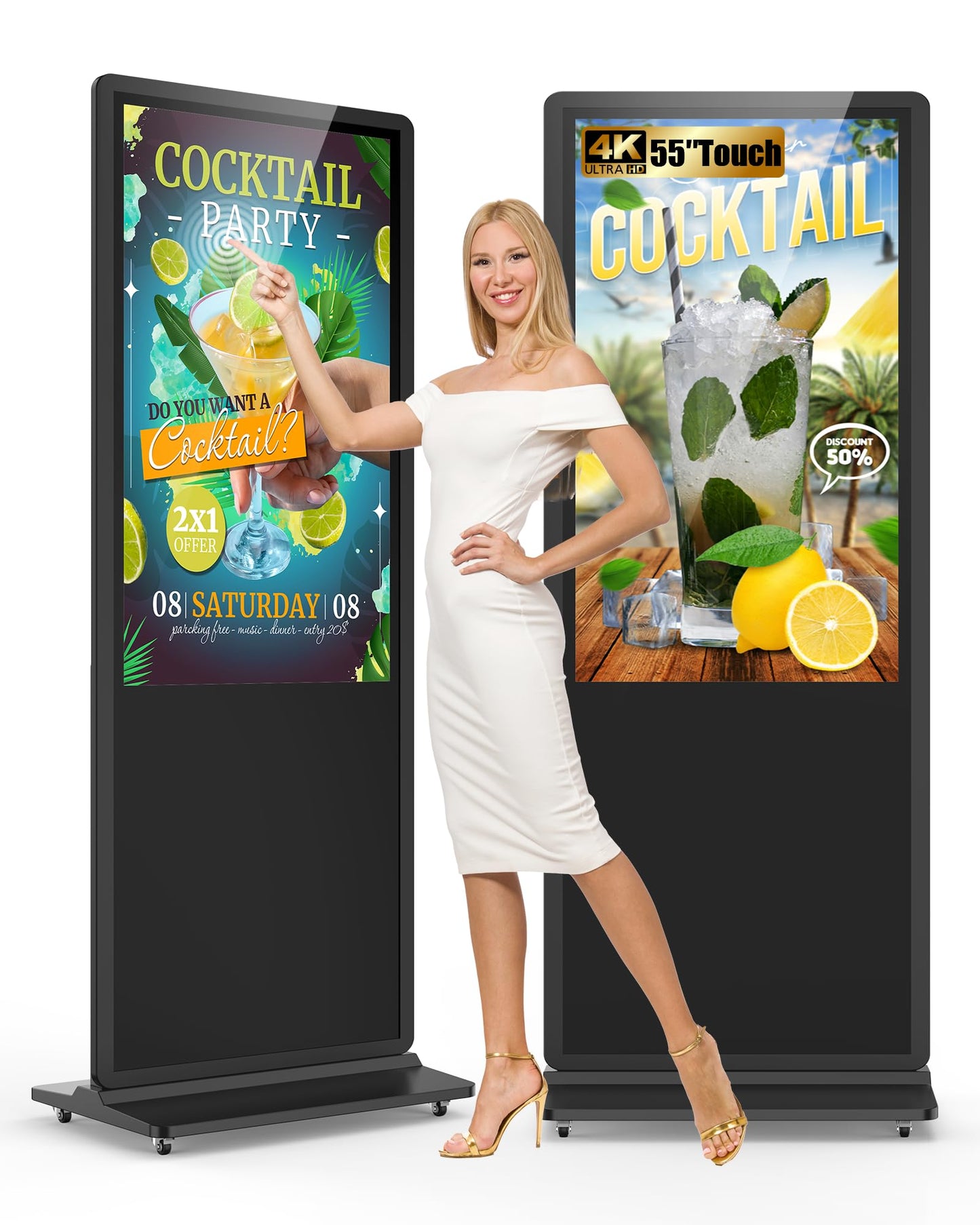 HARZHI 55 inch Digital Signage Display, 4K UHD LCD Screen, Indoor Floor Standing Advertising Kiosk, Android OS, Auto Media Player, HDMI/USB/WiFi (Touch)