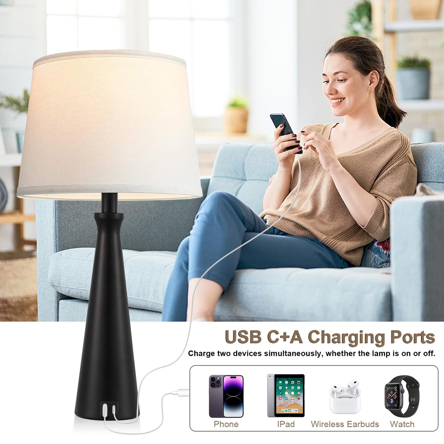 Seealle Modern Table Lamps Set of 2 - Touch Bedside Lamp for Nightstand with Dual USB C+A,3-Way Dimmable Black Nightstand Lamps for Living Room Bedroom End Table(Bulb Included)