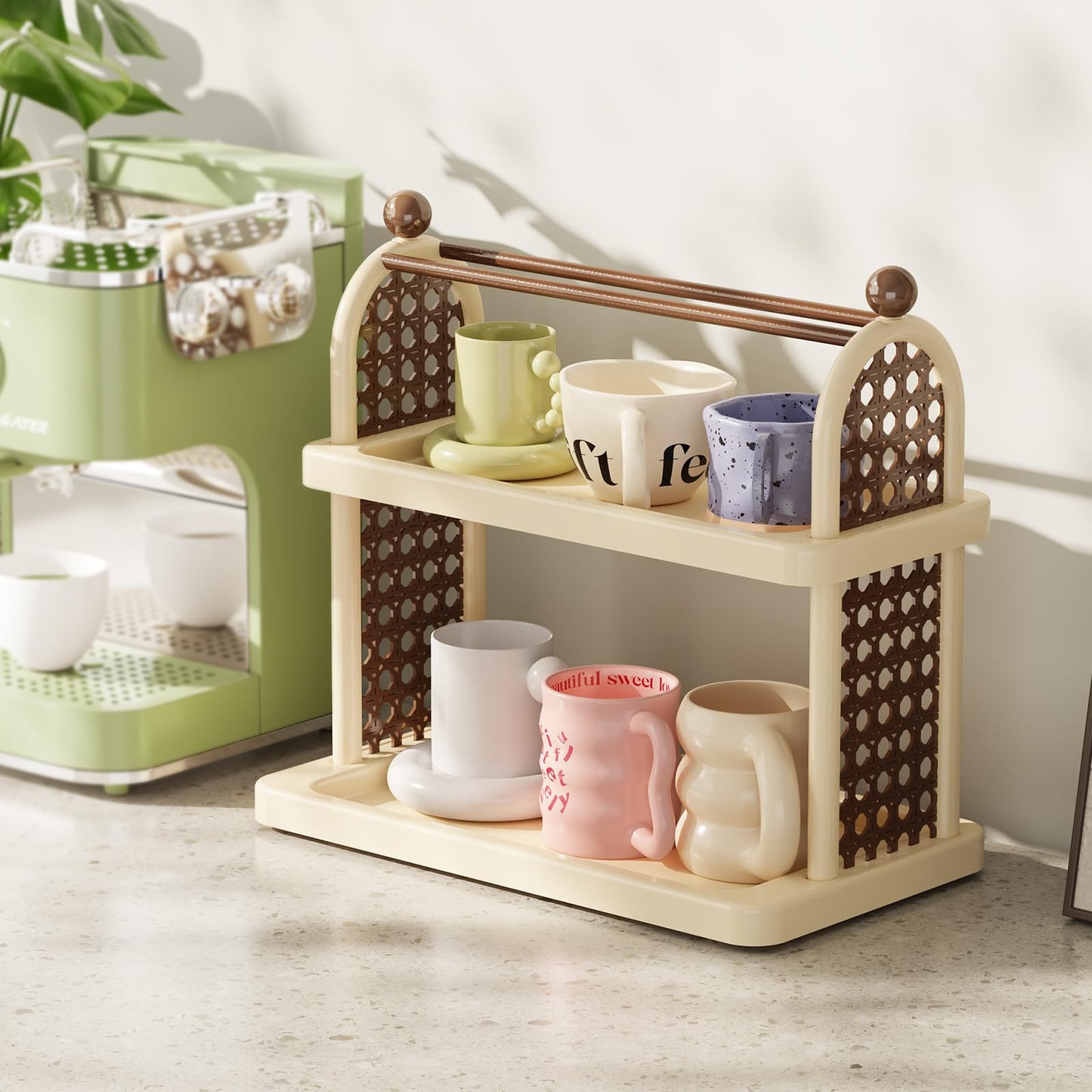 NiHome Matcha Station Organizer Shelf, Multi-Tier Matcha & Coffee Stand, Plastic Countertop Mug Cup Bottle Display Tray Holder for Tea and Coffee Bar Accessories