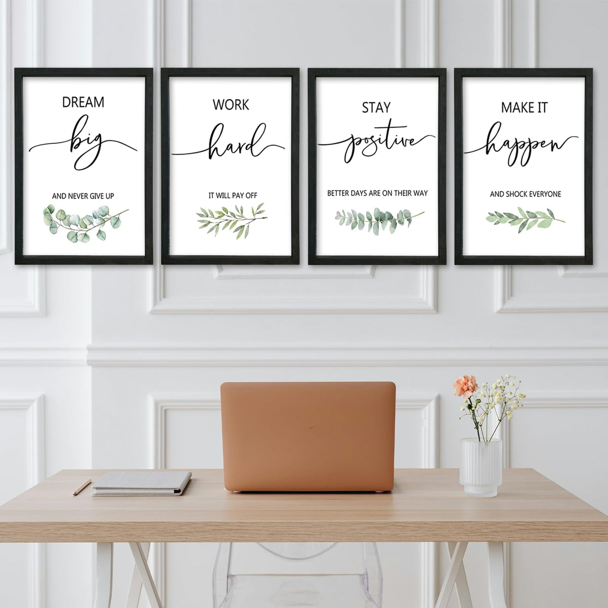 YWJKWLGS Inspirational Quote Wall Art Set 11x16 Inch Set of 4 Motivational Home & Office Decor for Positive Family Encouragement Wooden Framed Signs (Black)